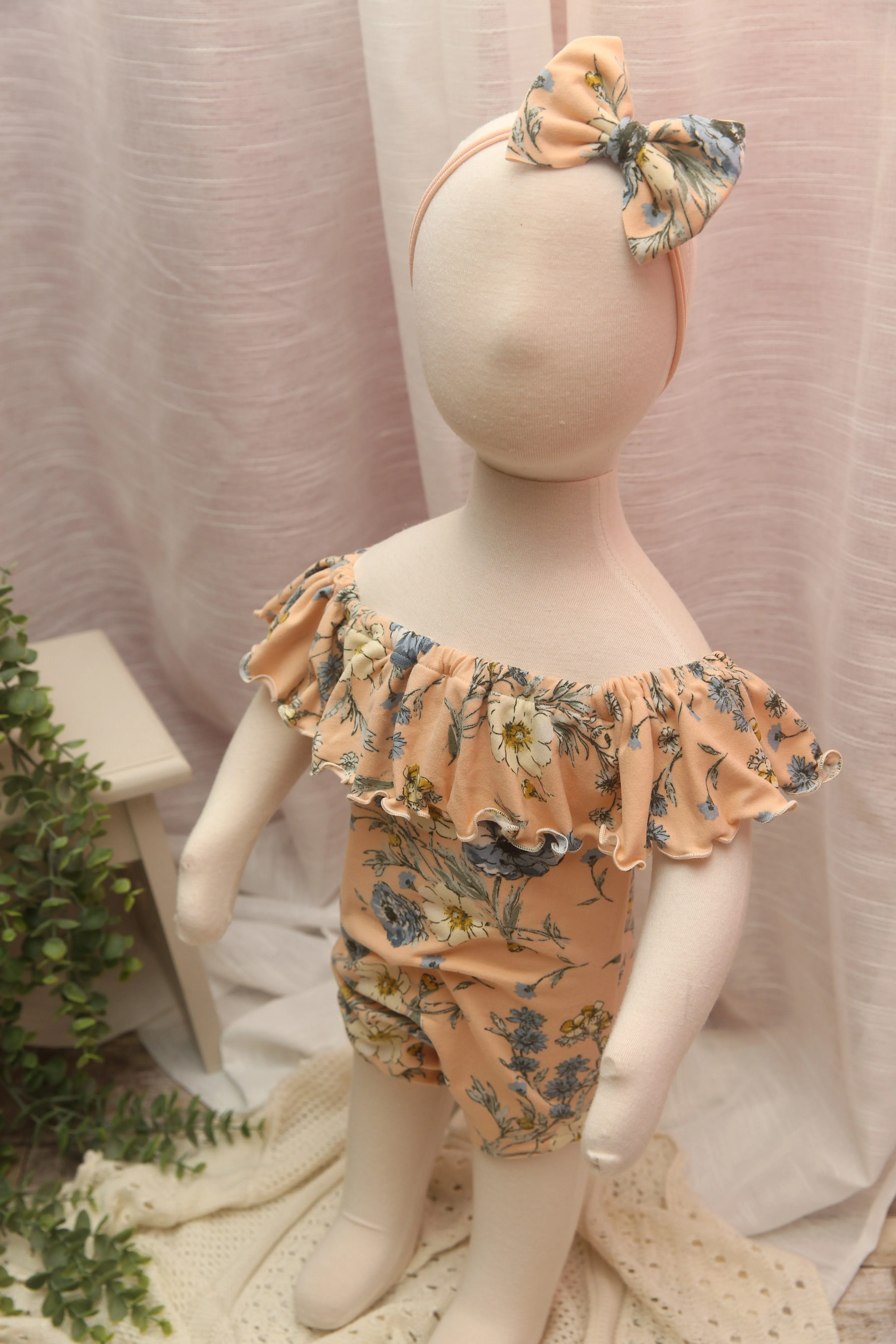 Anisa- Newborn or Sitter Flutter Romper; Newborn Romper; Sitter Romper; Peach & Blue Floral; MADE TO ORDER