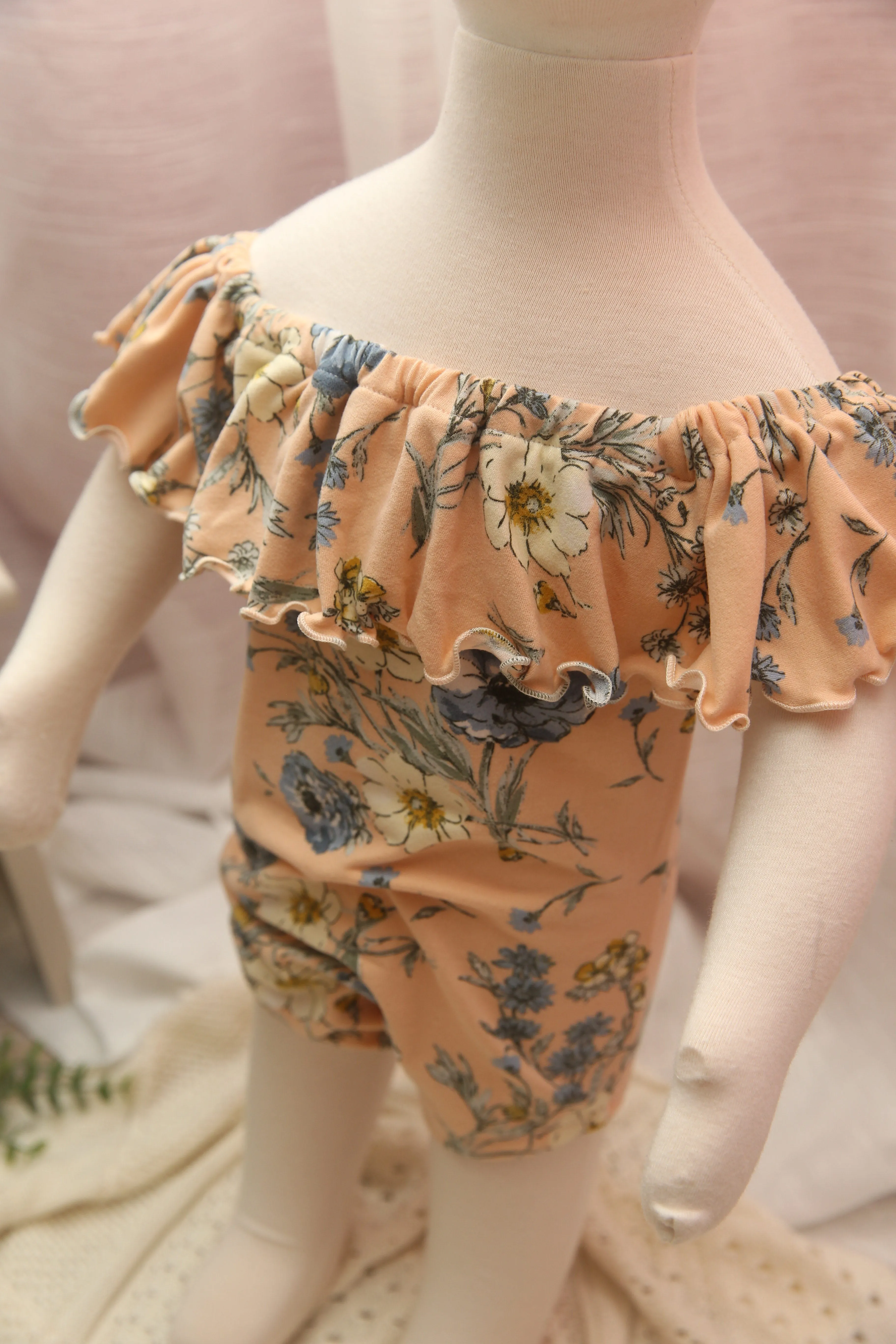 Anisa- Newborn or Sitter Flutter Romper; Newborn Romper; Sitter Romper; Peach & Blue Floral; MADE TO ORDER
