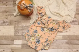 Anisa- Newborn or Sitter Flutter Romper; Newborn Romper; Sitter Romper; Peach & Blue Floral; MADE TO ORDER