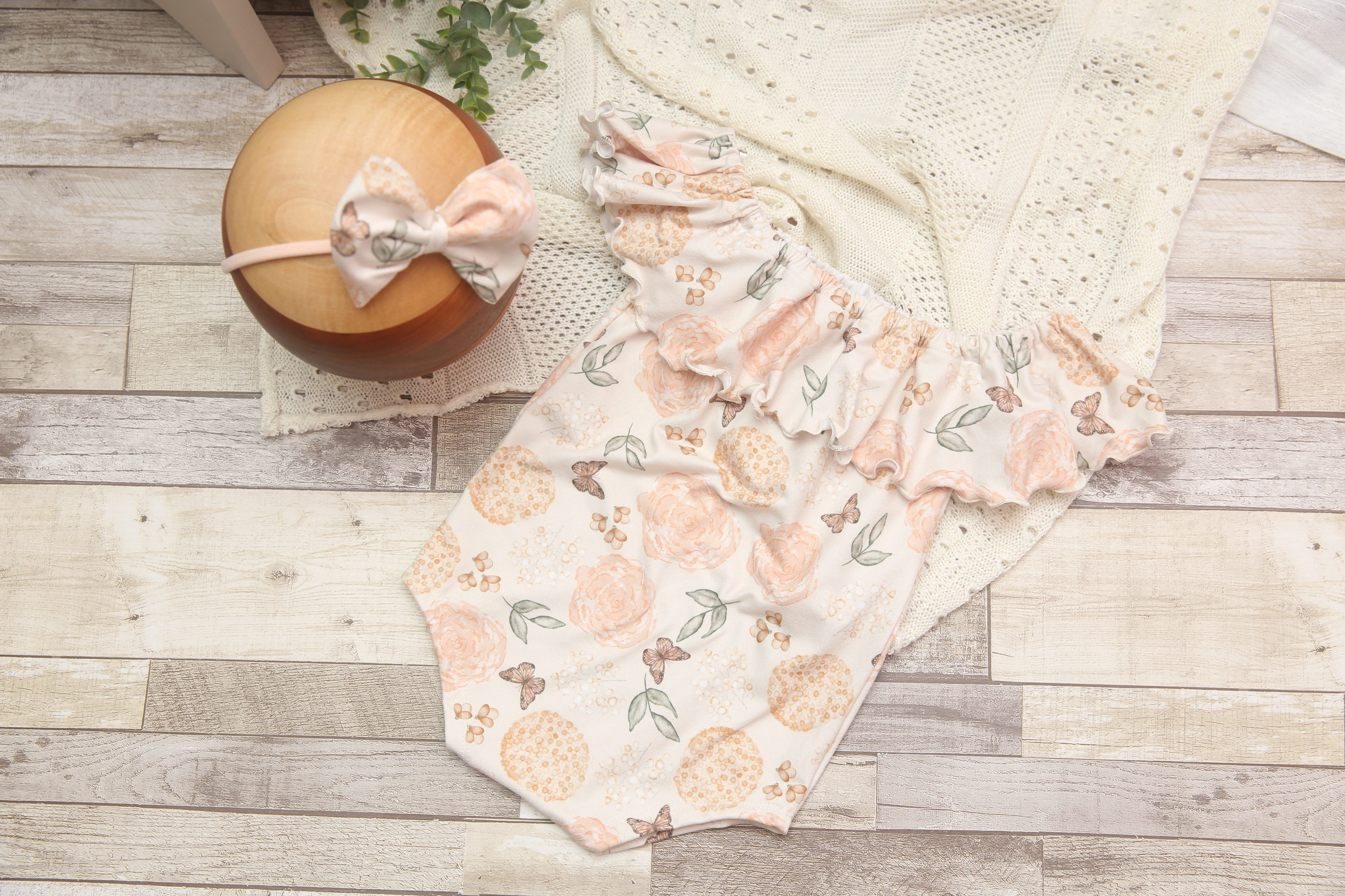 Anisa- Newborn or Sitter Flutter Romper; Newborn Romper; Sitter Romper; Peachy Butterfly Floral; MADE TO ORDER
