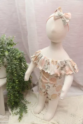 Anisa- Newborn or Sitter Flutter Romper; Newborn Romper; Sitter Romper; Peachy Butterfly Floral; MADE TO ORDER