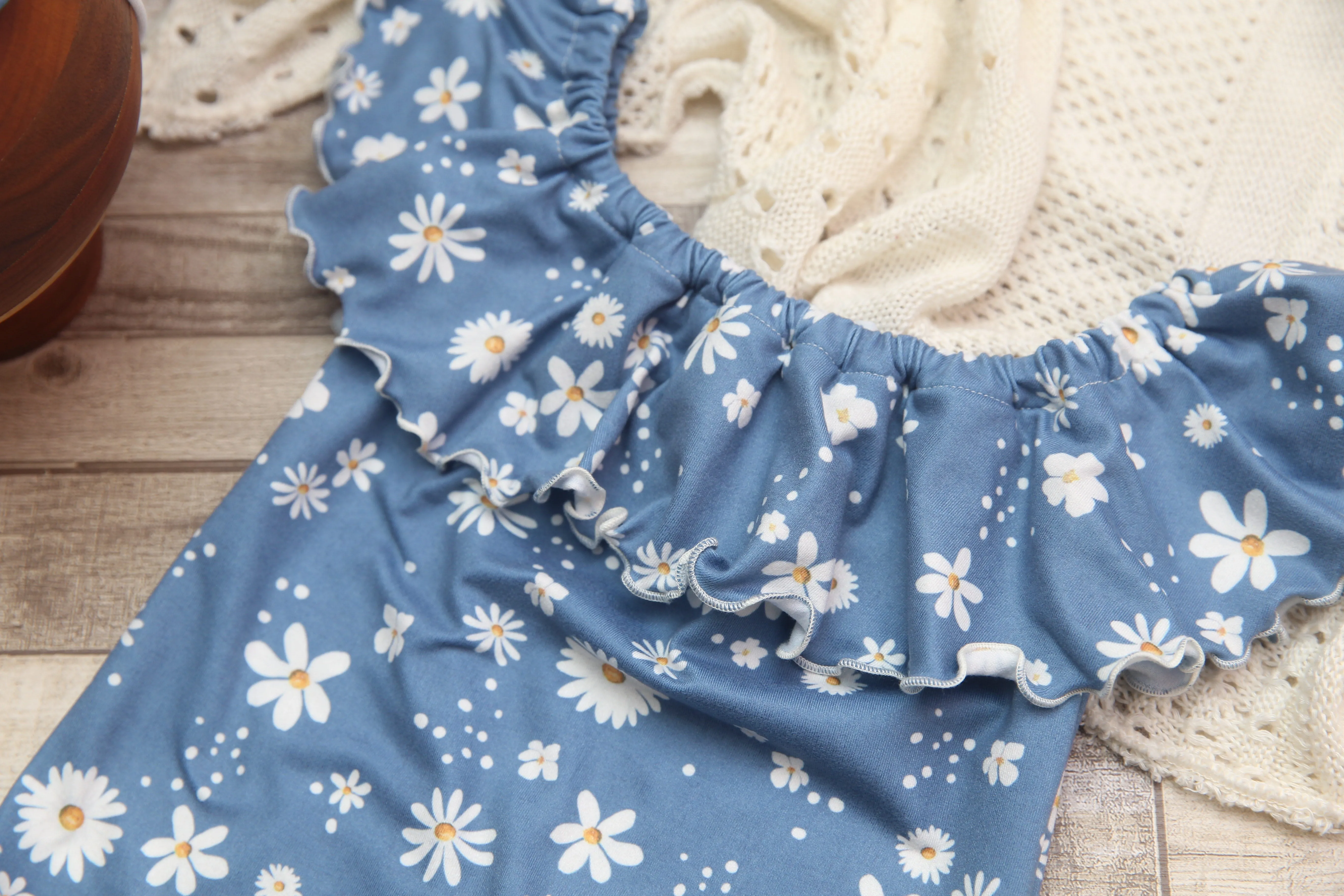 Anisa- Sitter Flutter Romper; Sitter Romper; Blue Daisies; READY TO SHIP