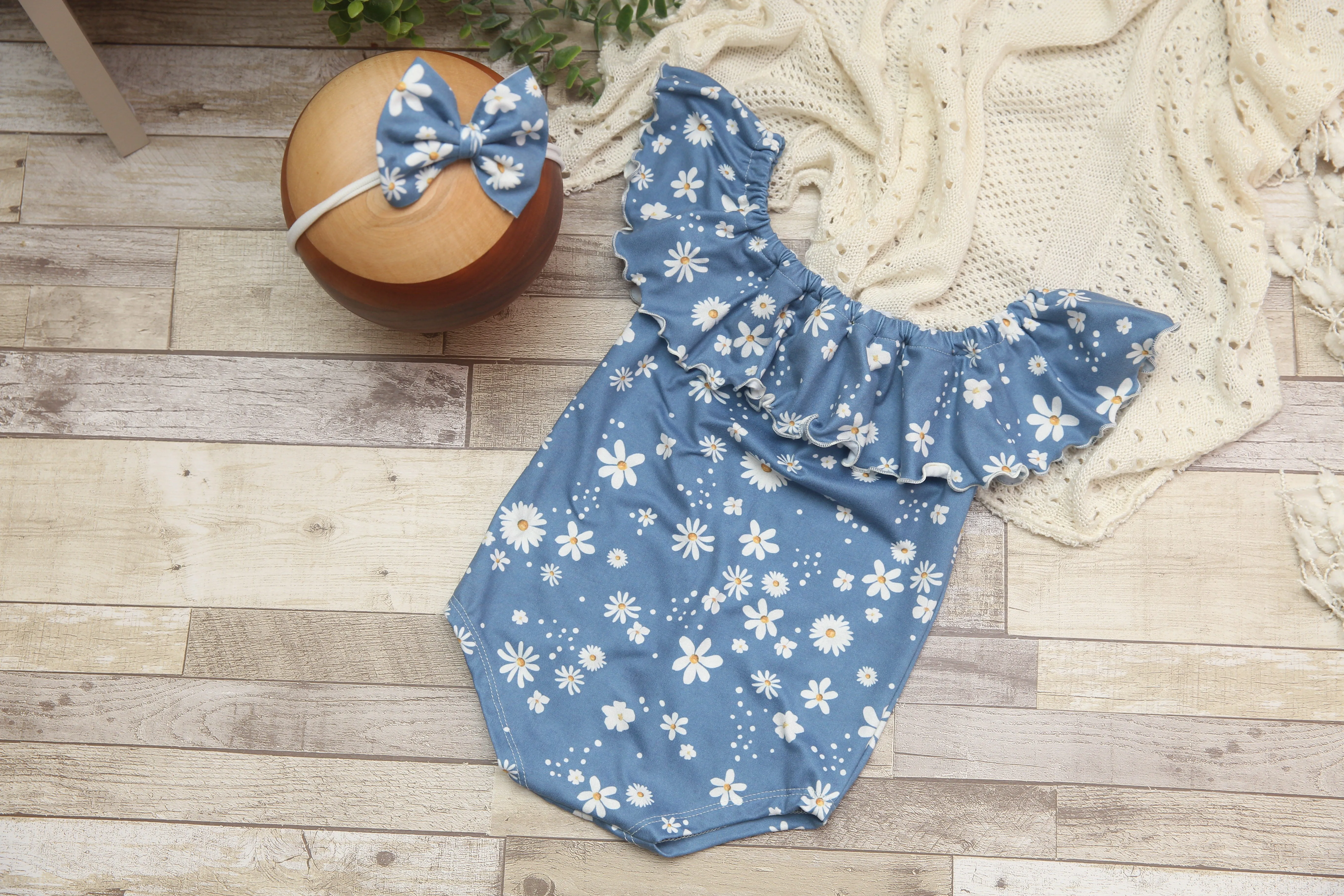 Anisa- Sitter Flutter Romper; Sitter Romper; Blue Daisies; READY TO SHIP