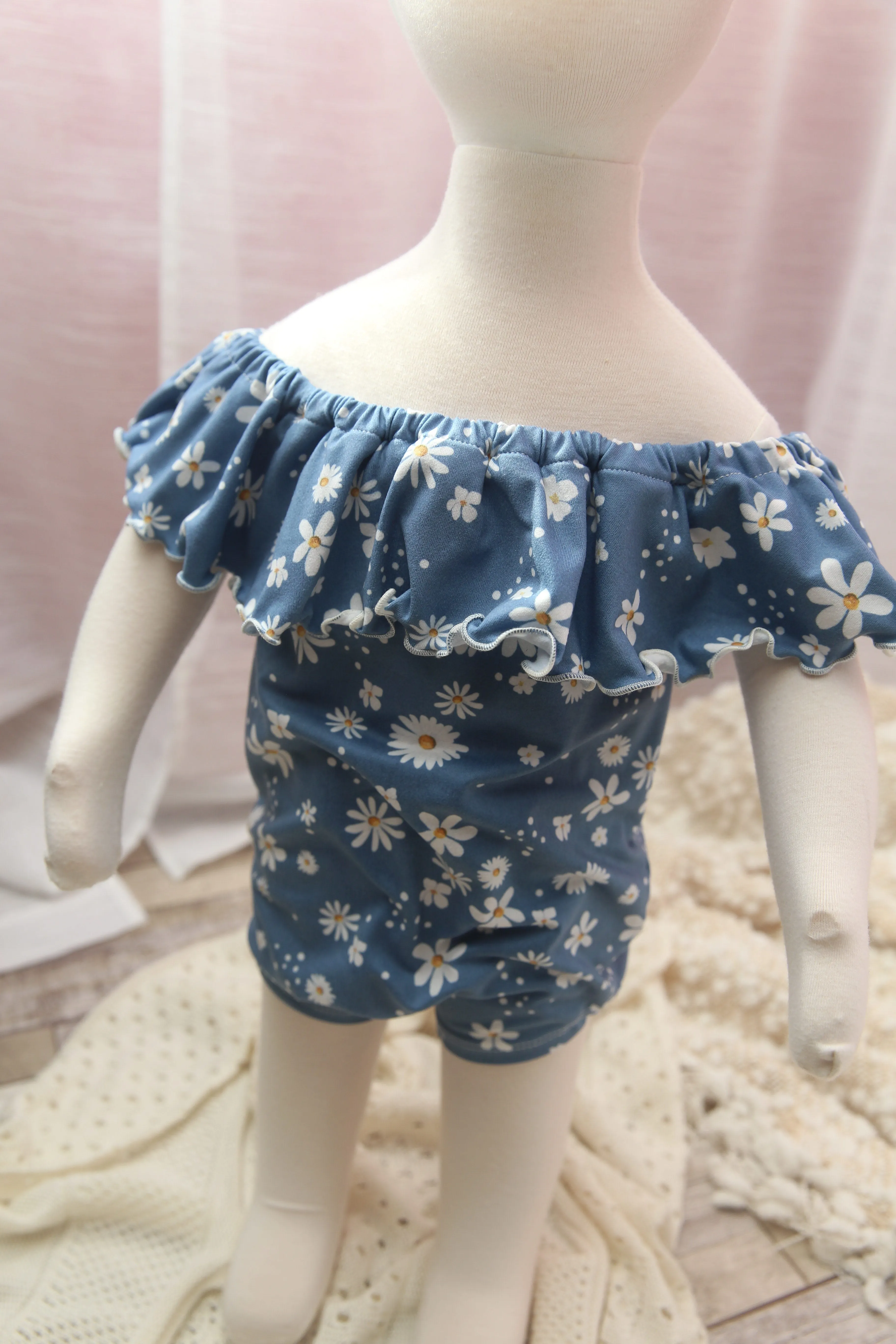 Anisa- Sitter Flutter Romper; Sitter Romper; Blue Daisies; READY TO SHIP