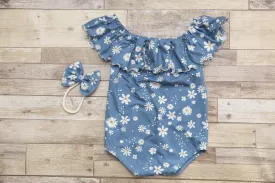 Anisa- Sitter Flutter Romper; Sitter Romper; Blue Daisies; READY TO SHIP