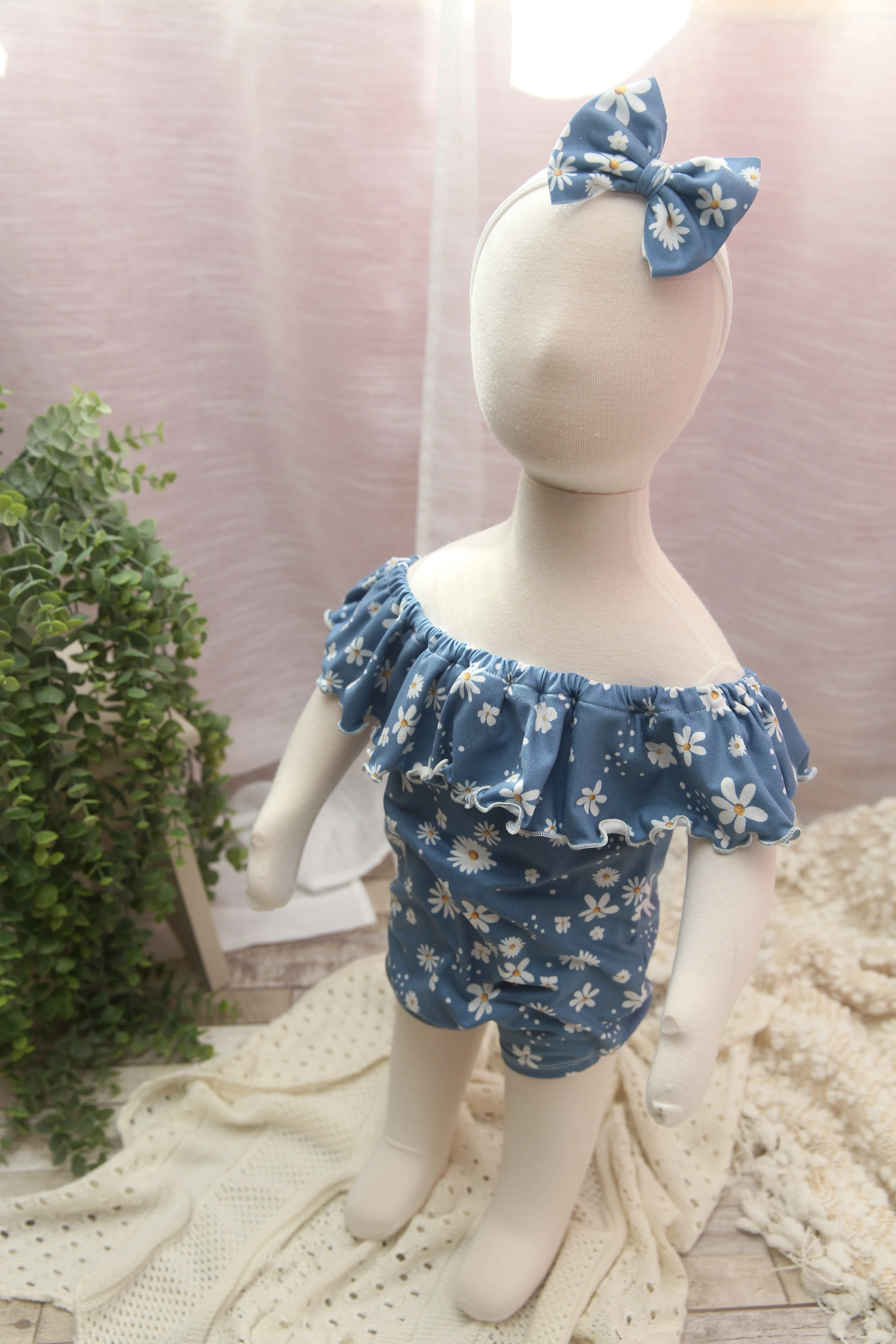 Anisa- Sitter Flutter Romper; Sitter Romper; Blue Daisies; READY TO SHIP