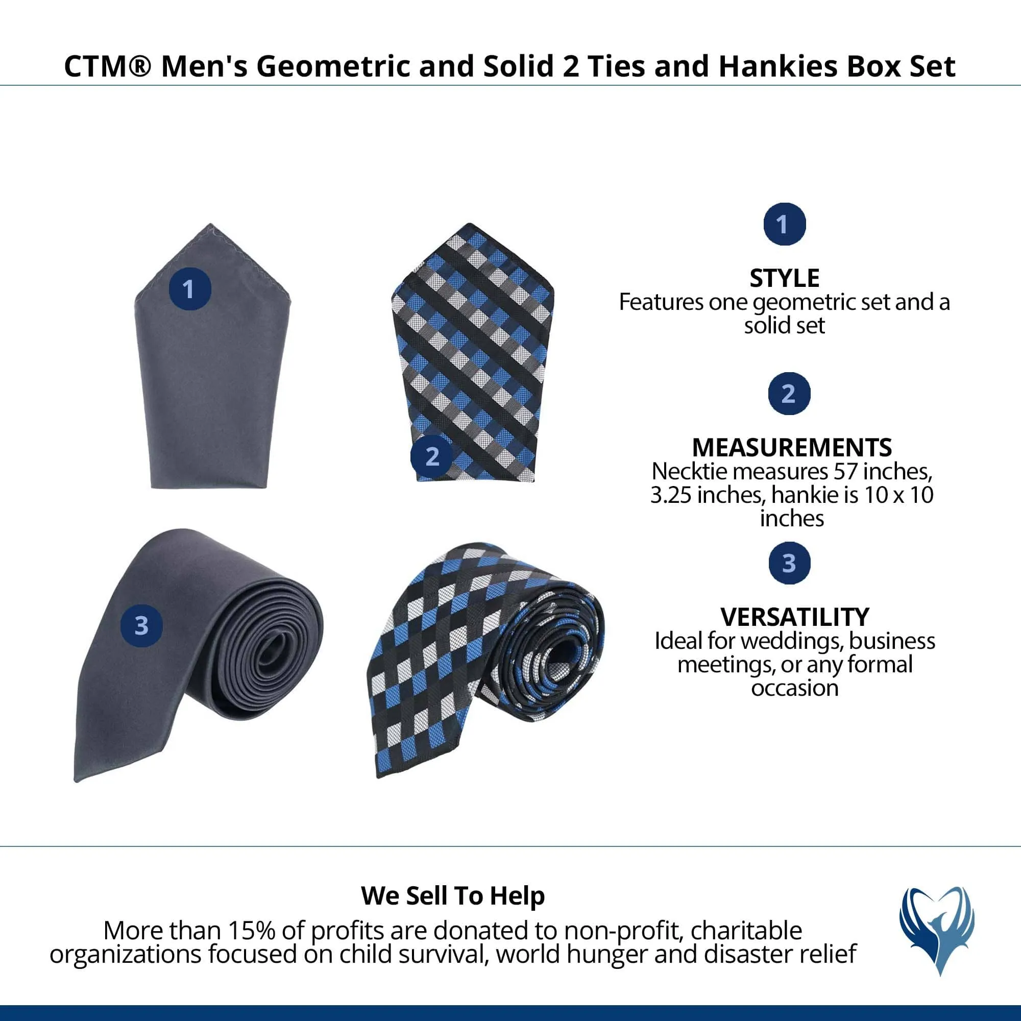 CTM® Men's Geometric and Solid 2 Ties and Hankies Box Set