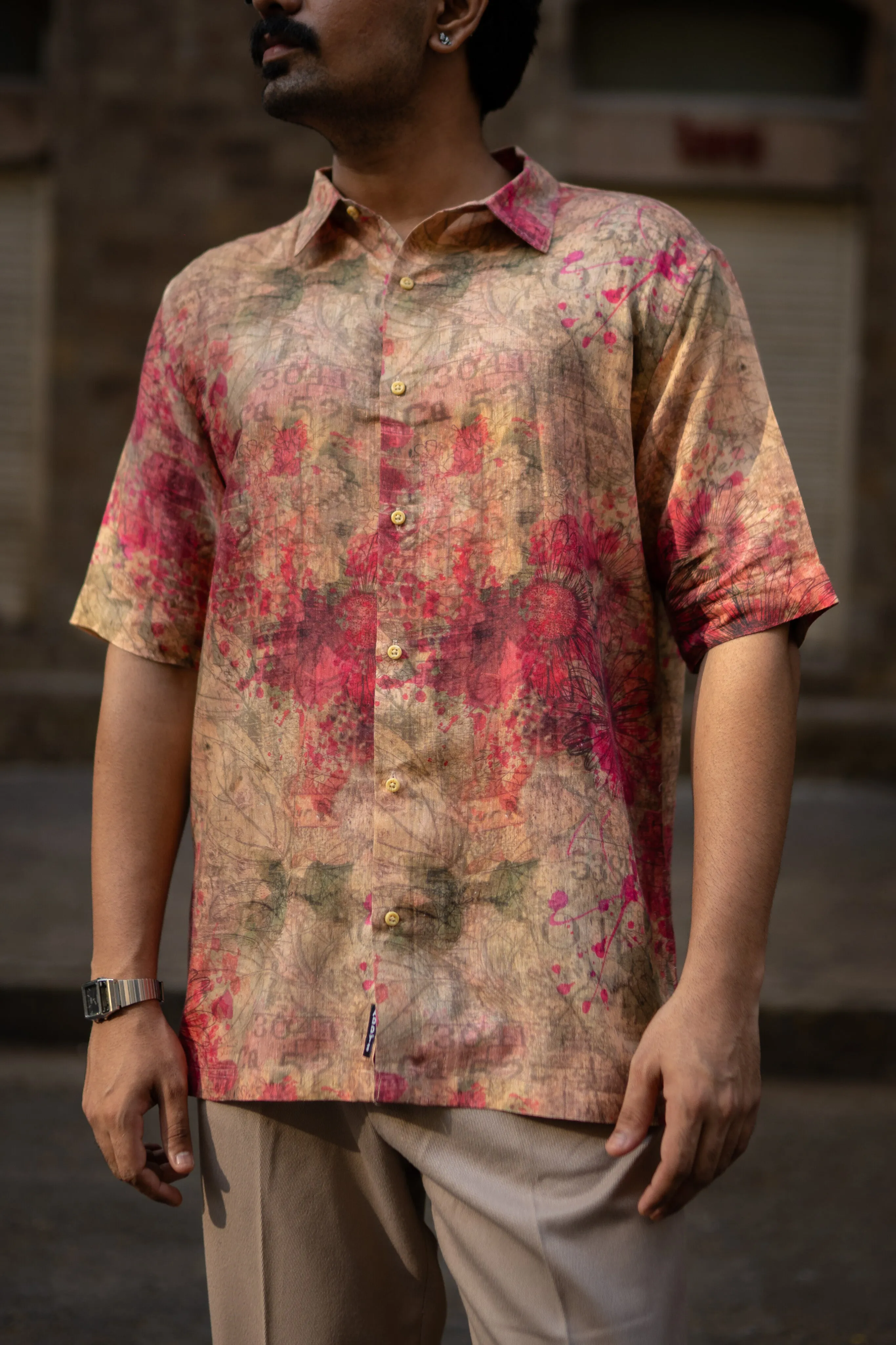 Dusty Romance Pure Satin Linen Short Sleeve Shirt