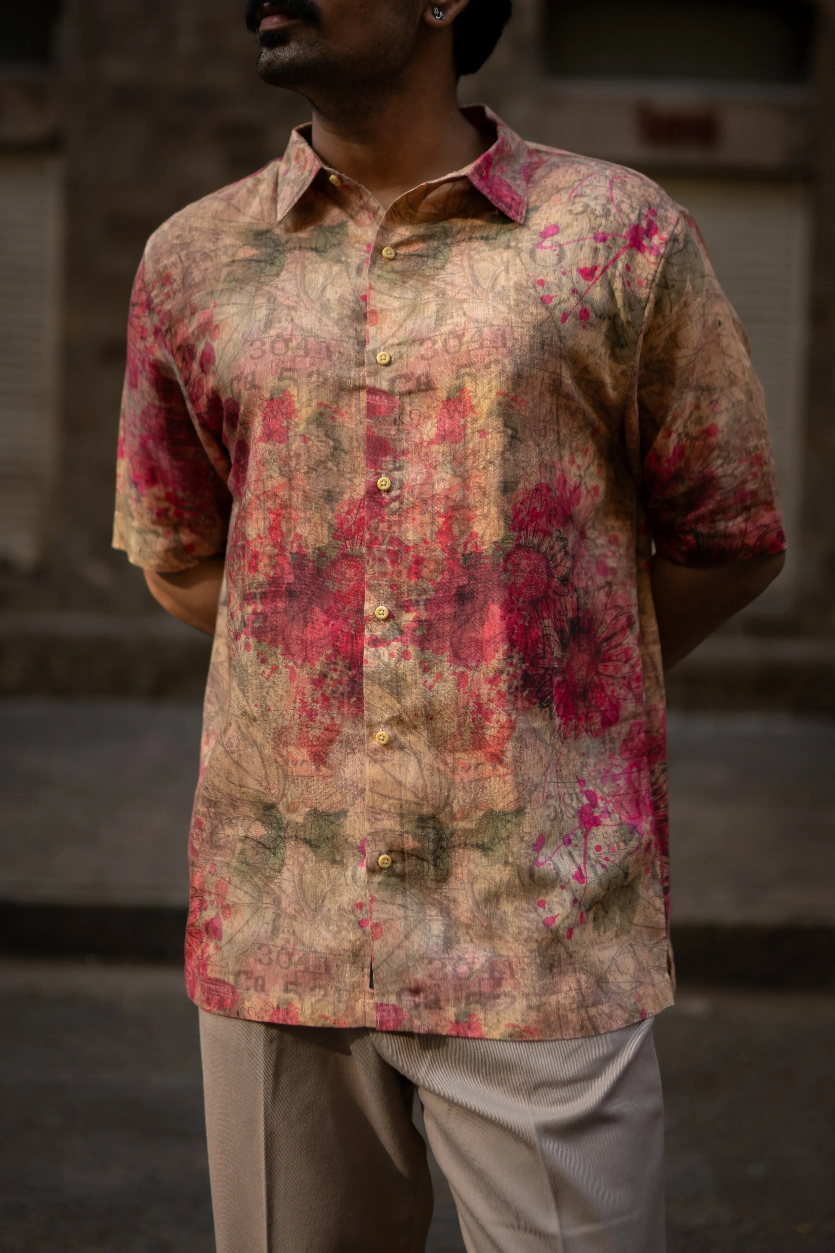 Dusty Romance Pure Satin Linen Short Sleeve Shirt