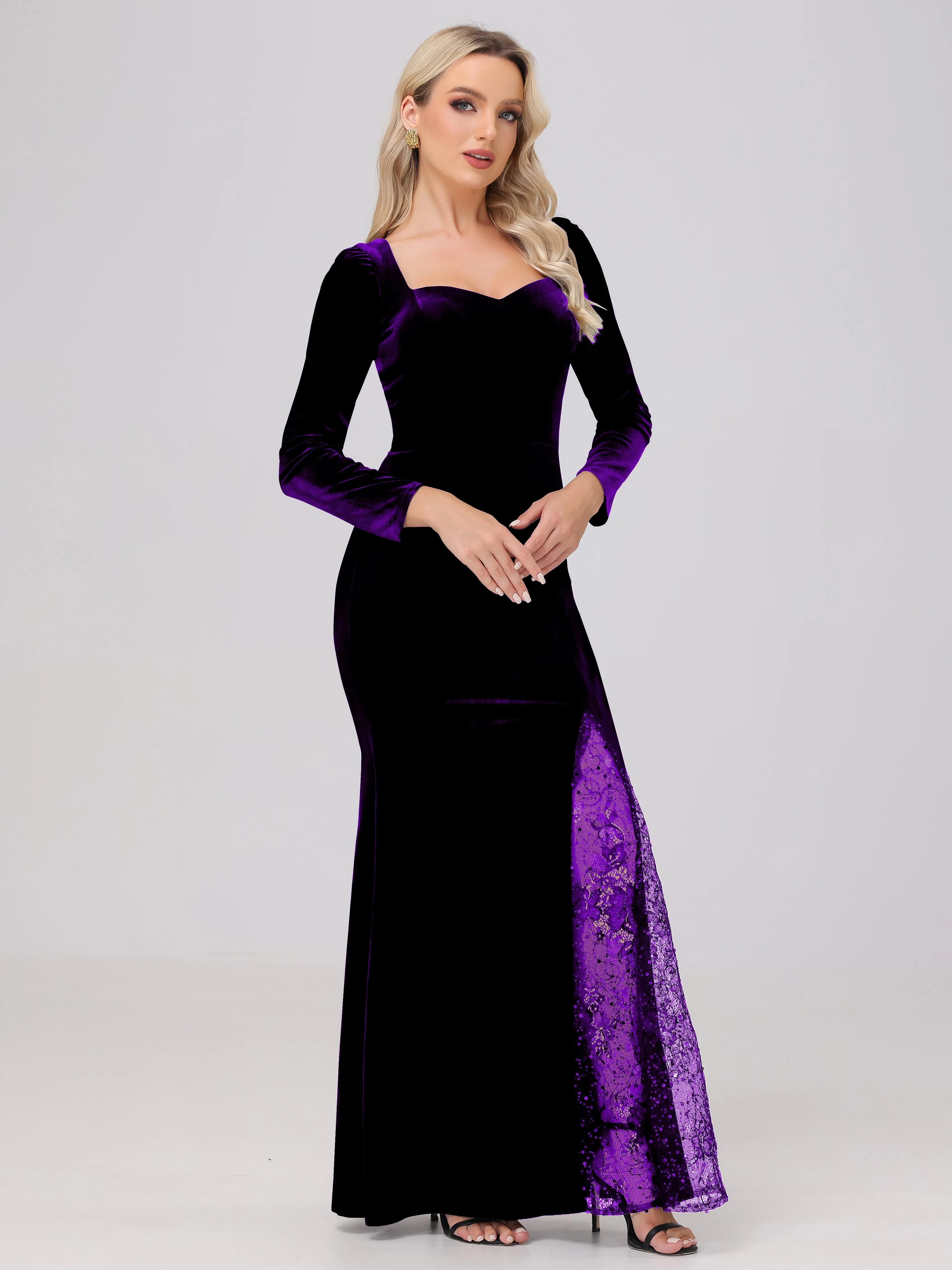 Elegant Sweetheart Long Sleeves Patchwork Sequin Lace Velvet Bridesmaid Dresses