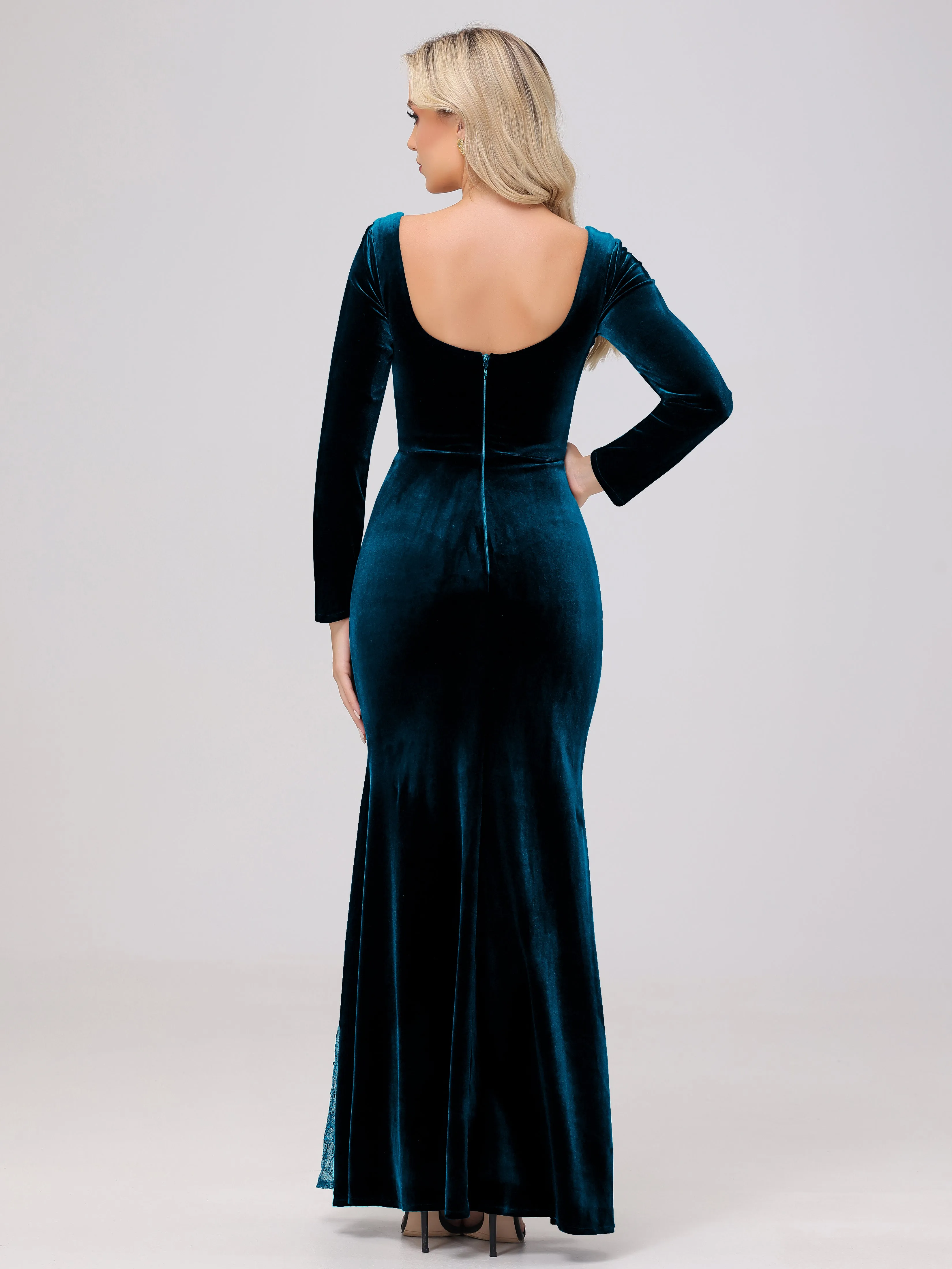 Elegant Sweetheart Long Sleeves Patchwork Sequin Lace Velvet Bridesmaid Dresses