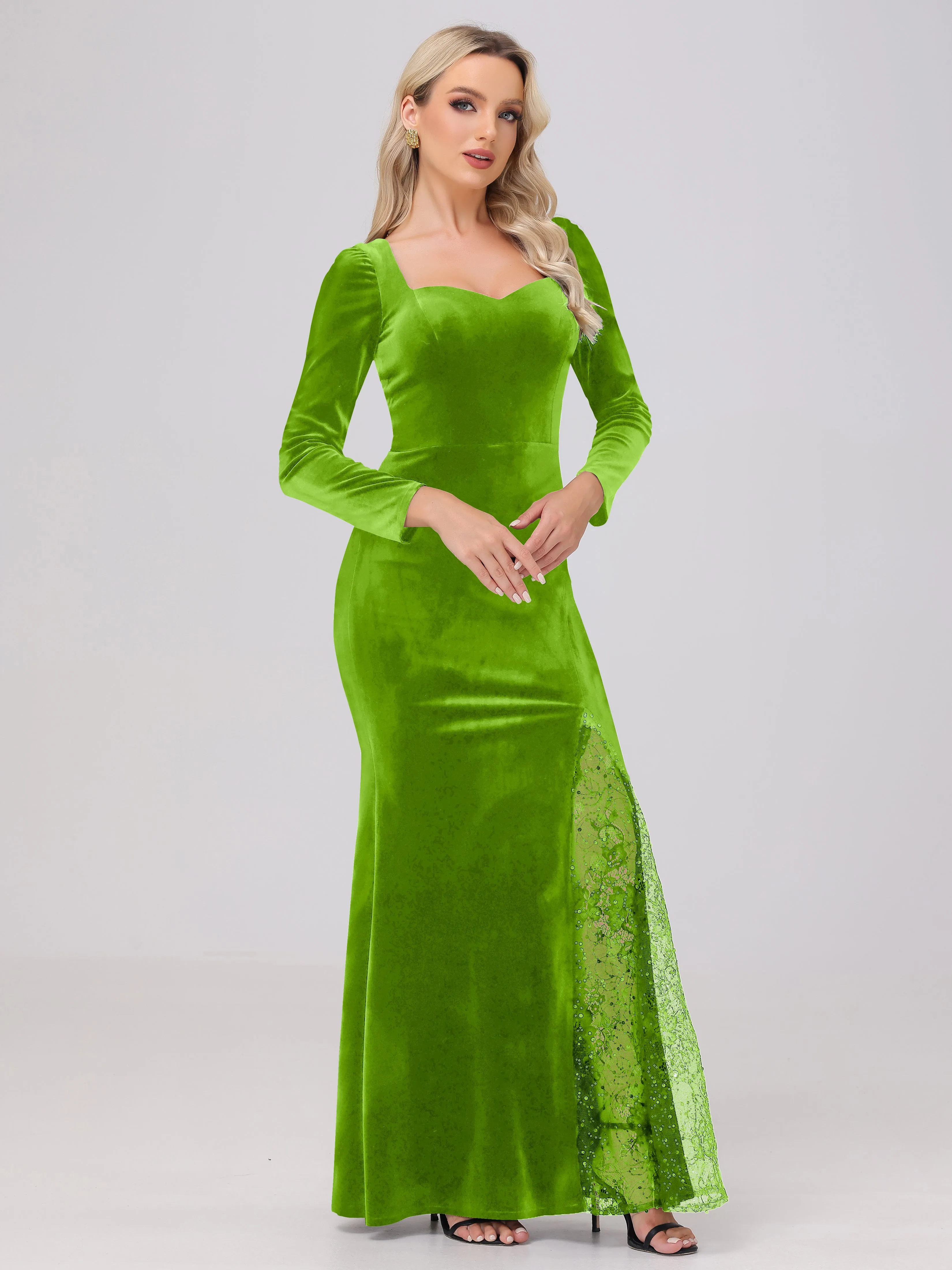 Elegant Sweetheart Long Sleeves Patchwork Sequin Lace Velvet Bridesmaid Dresses