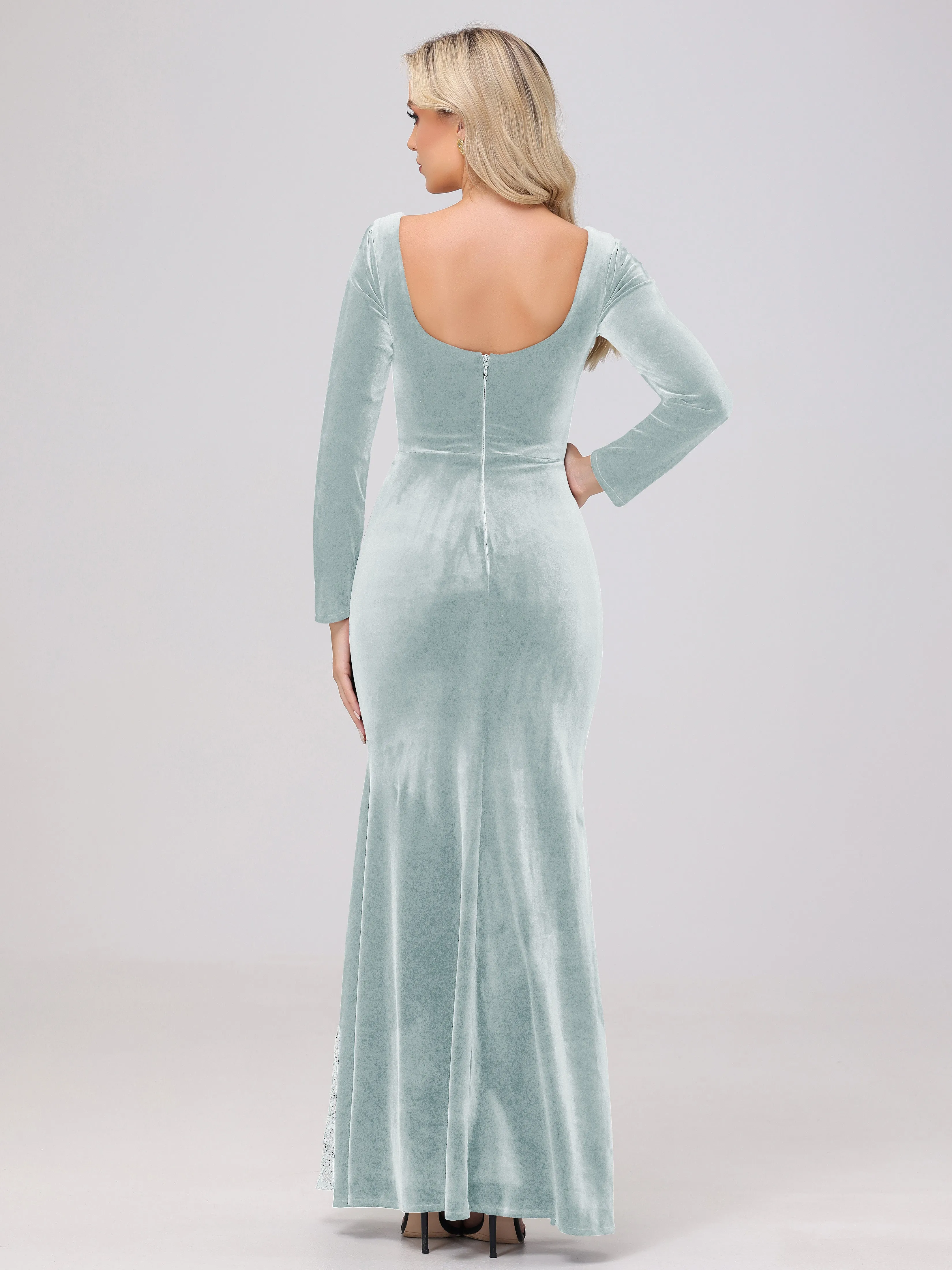 Elegant Sweetheart Long Sleeves Patchwork Sequin Lace Velvet Bridesmaid Dresses