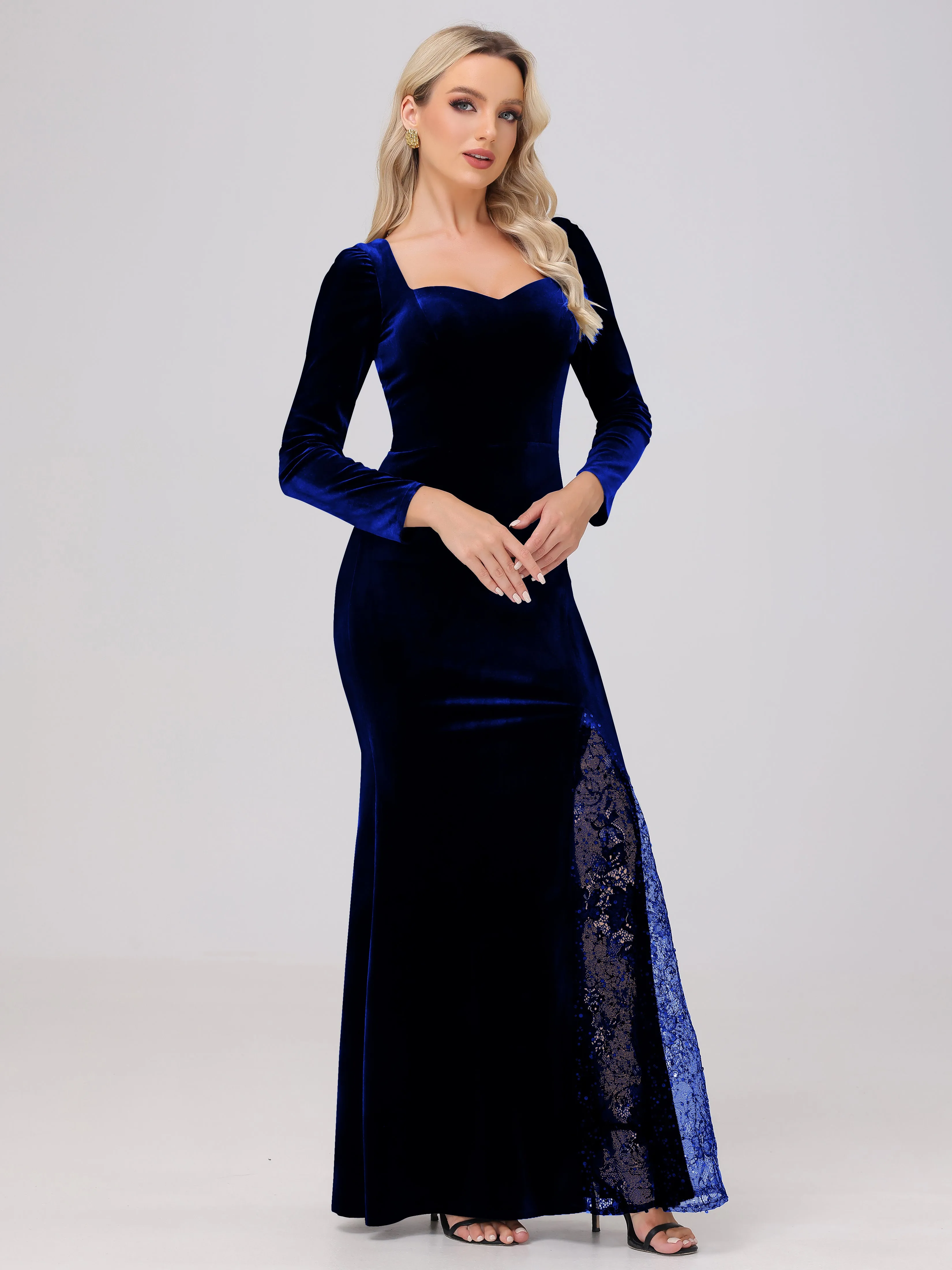 Elegant Sweetheart Long Sleeves Patchwork Sequin Lace Velvet Bridesmaid Dresses