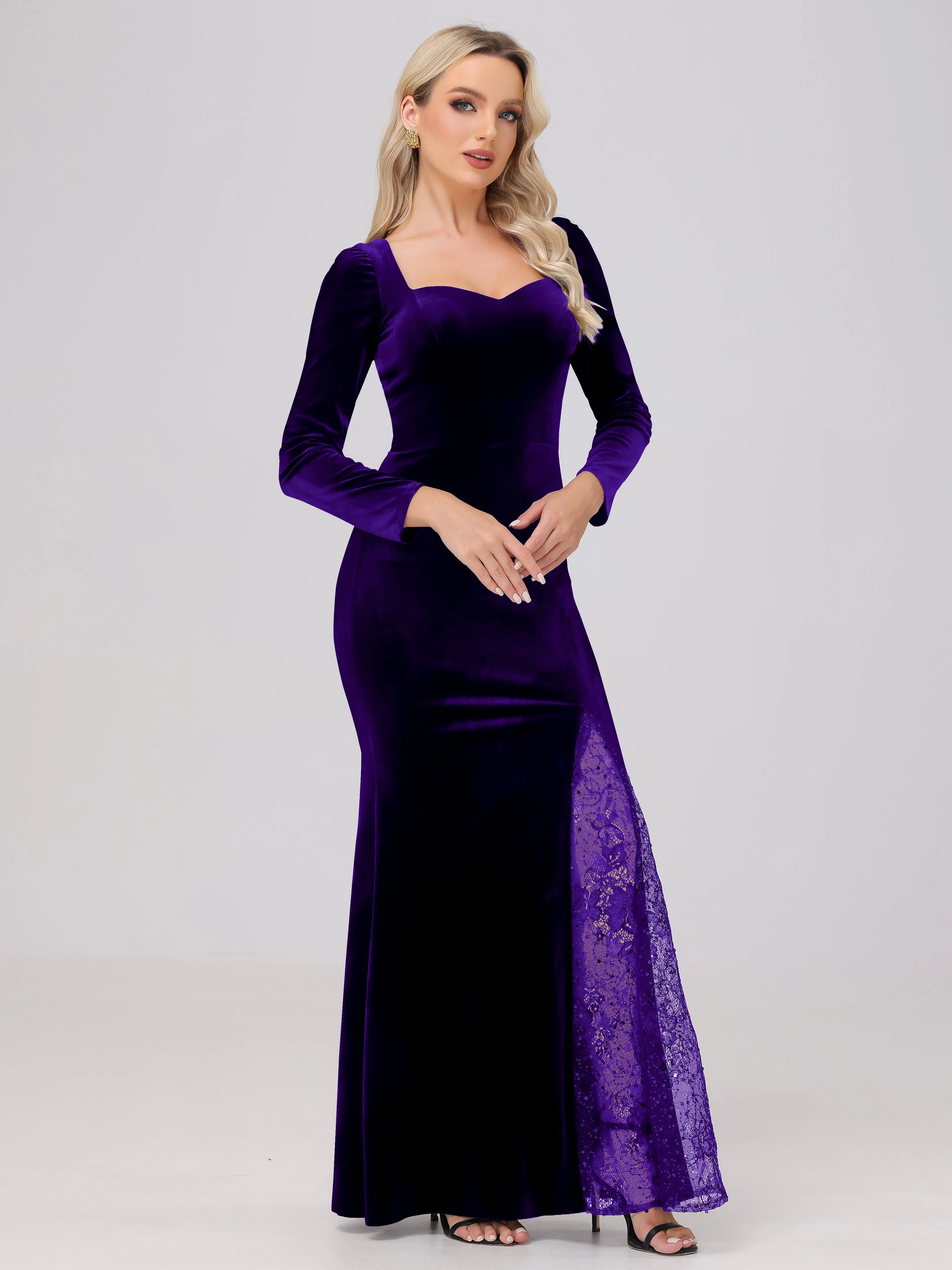 Elegant Sweetheart Long Sleeves Patchwork Sequin Lace Velvet Bridesmaid Dresses