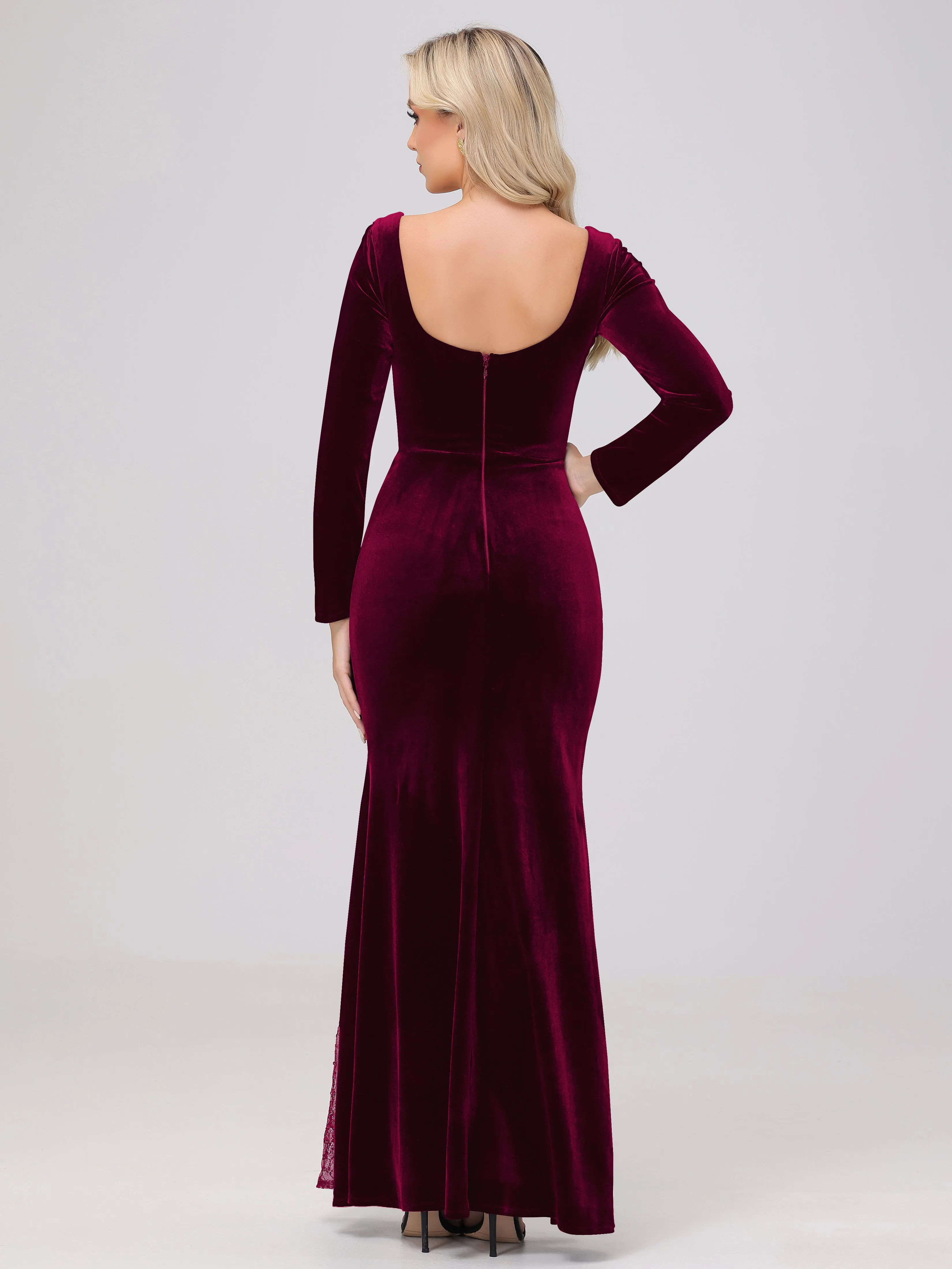 Elegant Sweetheart Long Sleeves Patchwork Sequin Lace Velvet Bridesmaid Dresses