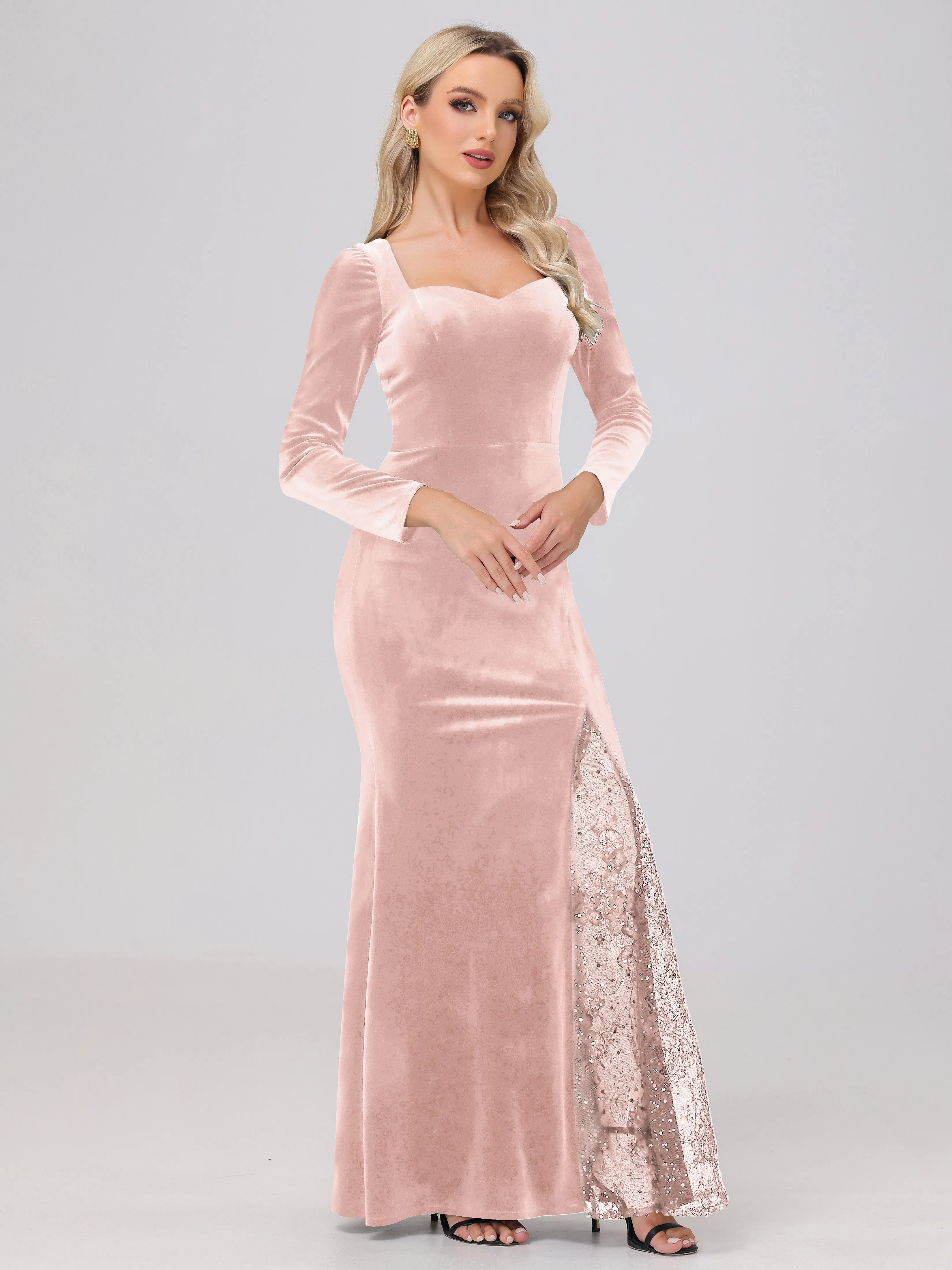 Elegant Sweetheart Long Sleeves Patchwork Sequin Lace Velvet Bridesmaid Dresses
