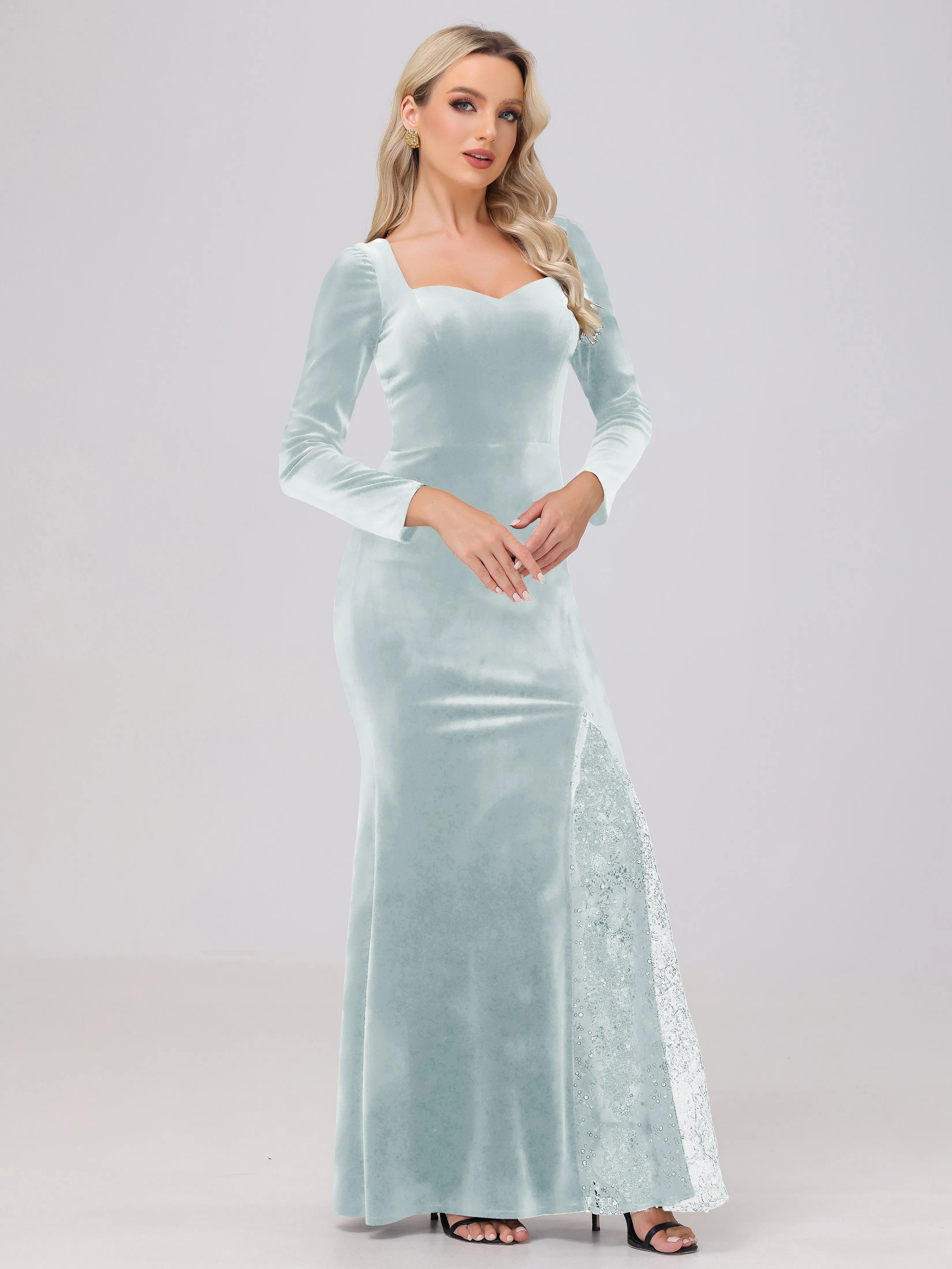 Elegant Sweetheart Long Sleeves Patchwork Sequin Lace Velvet Bridesmaid Dresses