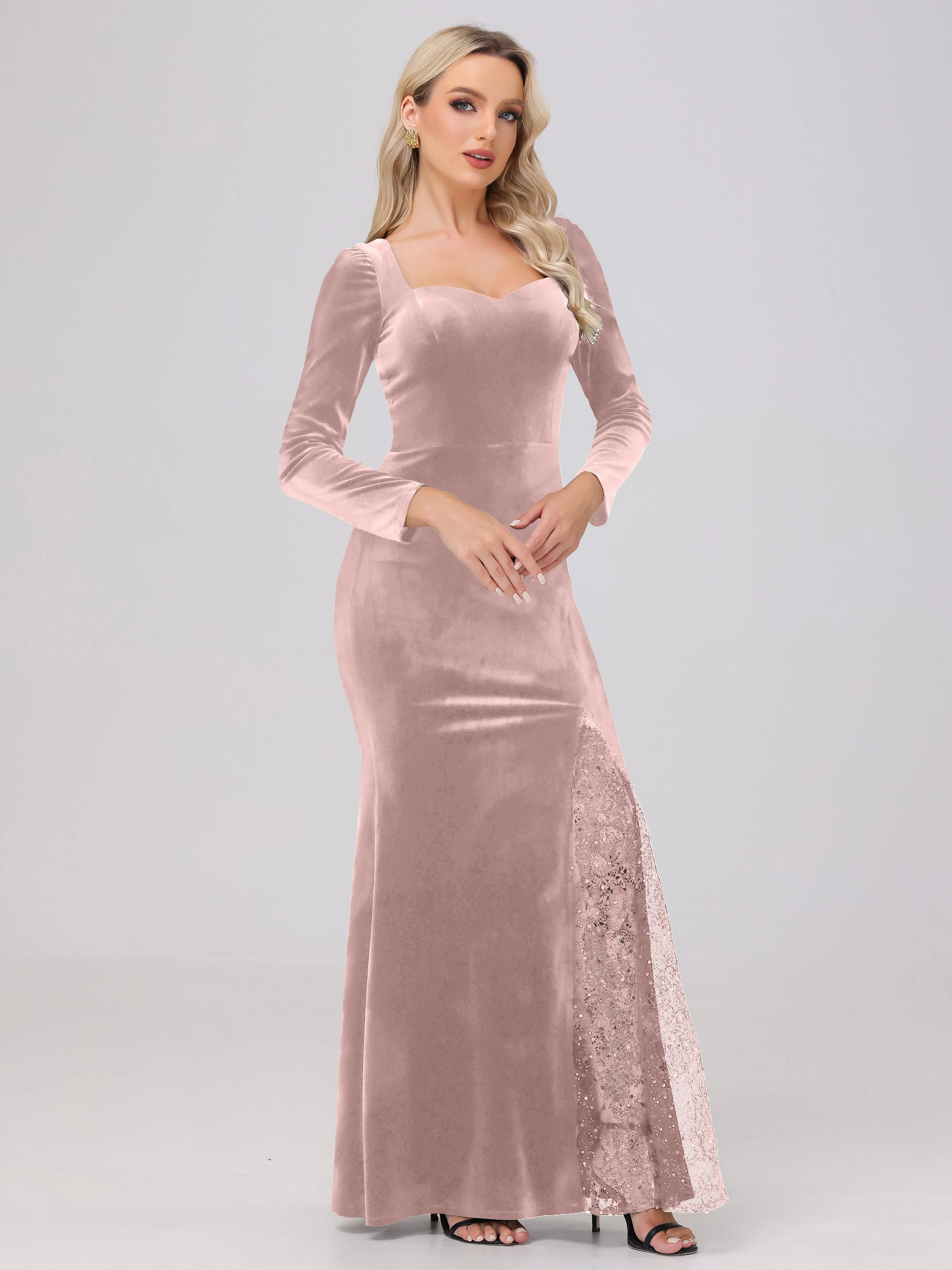 Elegant Sweetheart Long Sleeves Patchwork Sequin Lace Velvet Bridesmaid Dresses