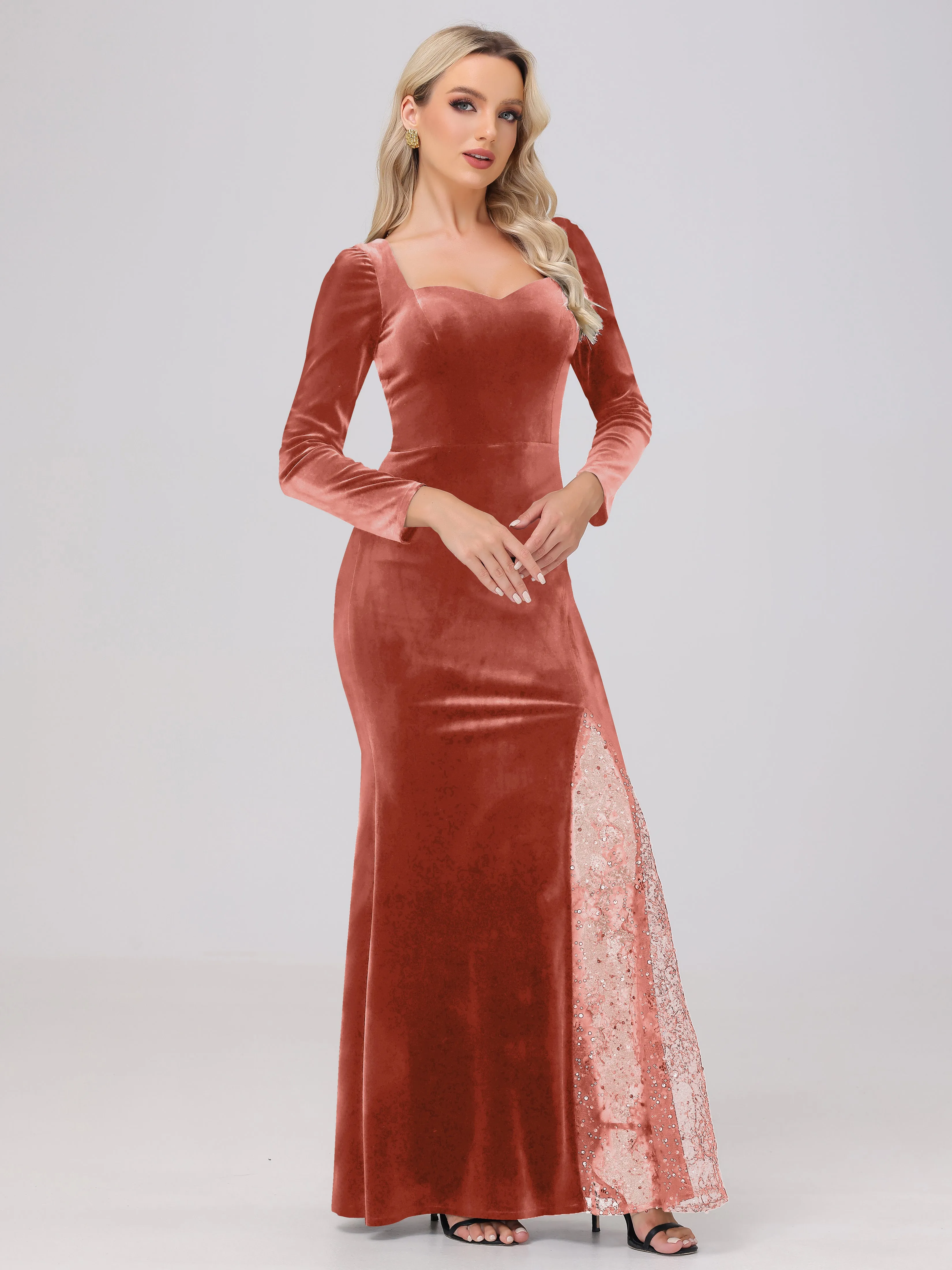 Elegant Sweetheart Long Sleeves Patchwork Sequin Lace Velvet Bridesmaid Dresses