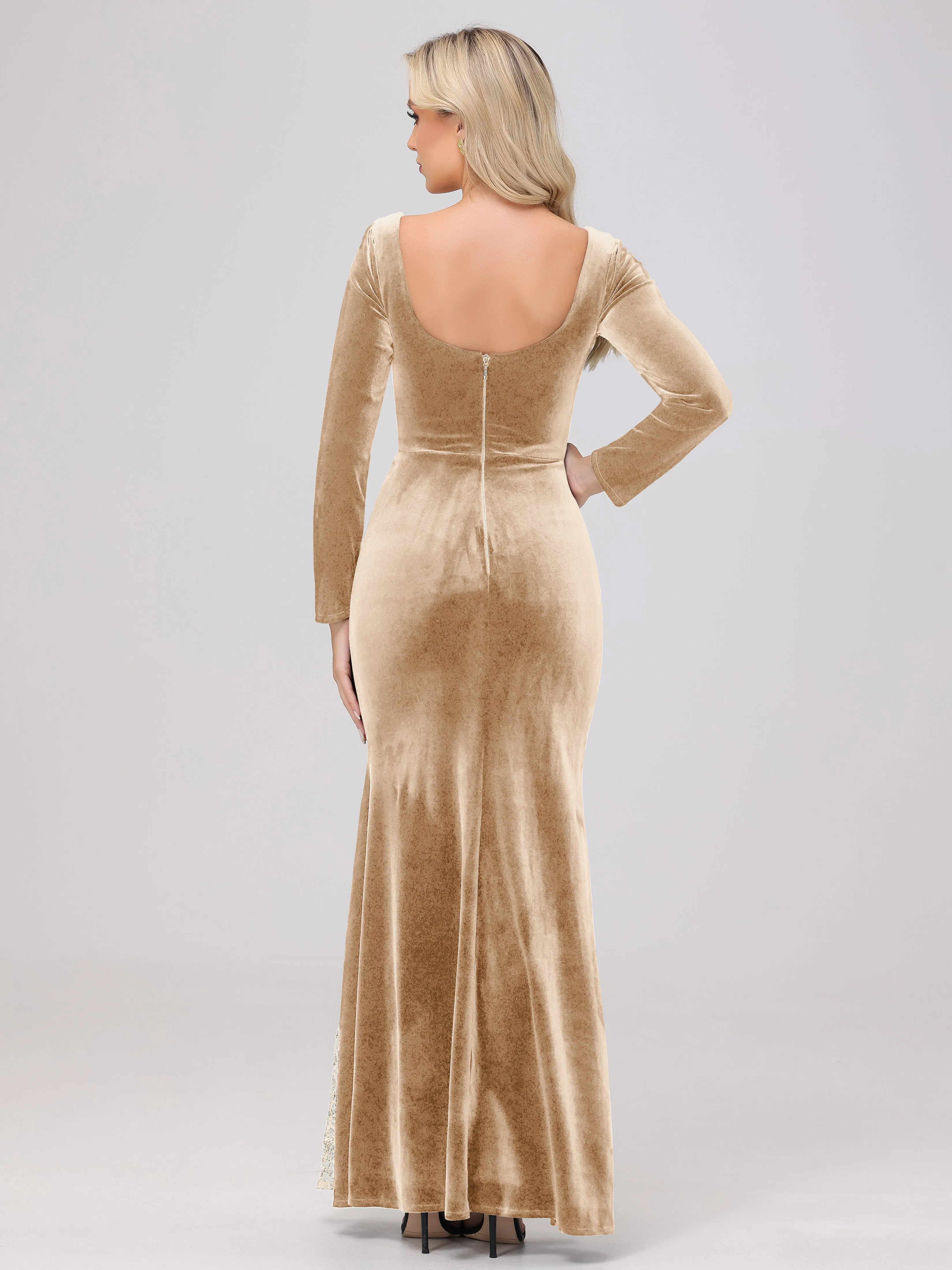 Elegant Sweetheart Long Sleeves Patchwork Sequin Lace Velvet Bridesmaid Dresses