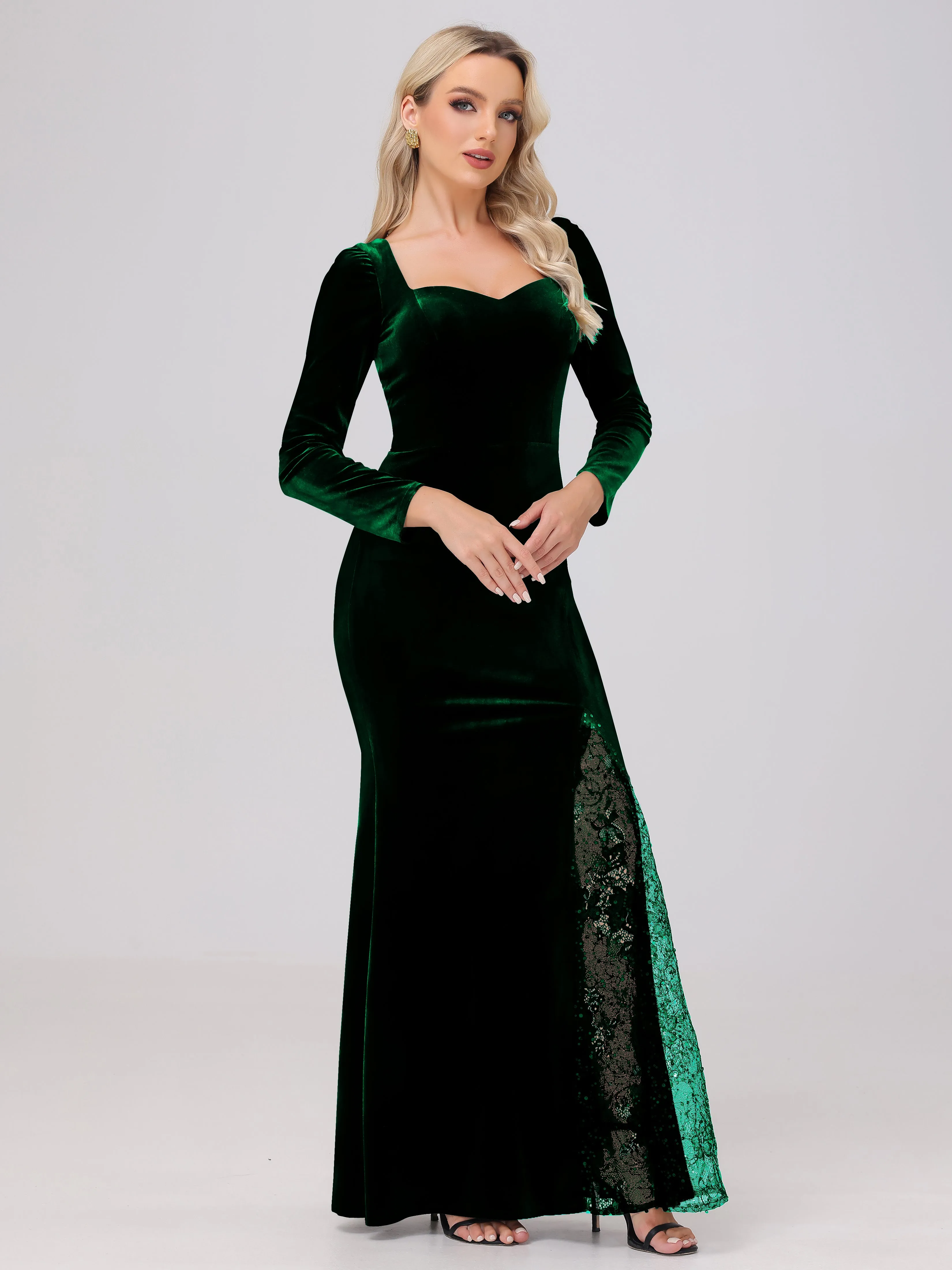 Elegant Sweetheart Long Sleeves Patchwork Sequin Lace Velvet Bridesmaid Dresses