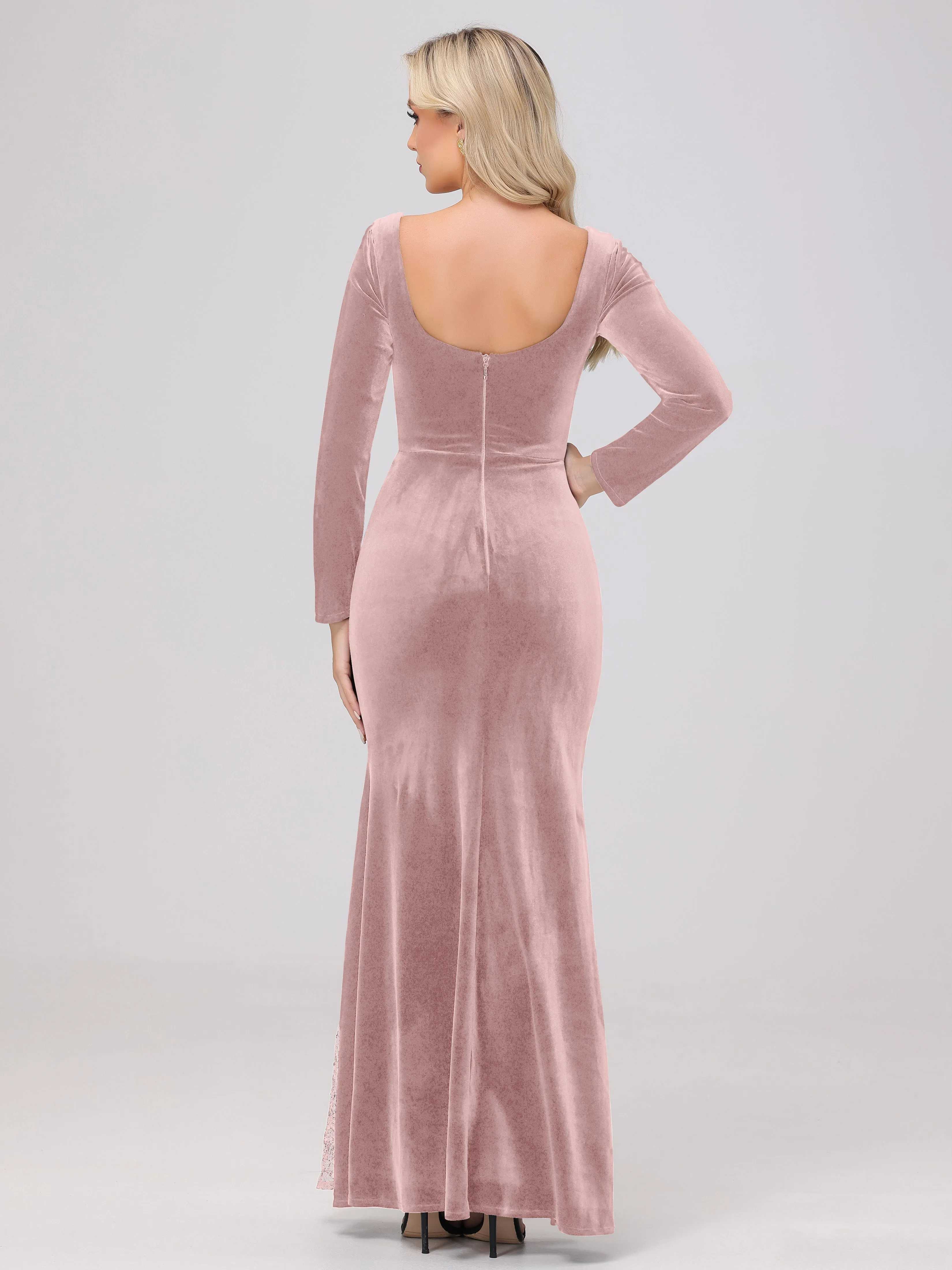 Elegant Sweetheart Long Sleeves Patchwork Sequin Lace Velvet Bridesmaid Dresses