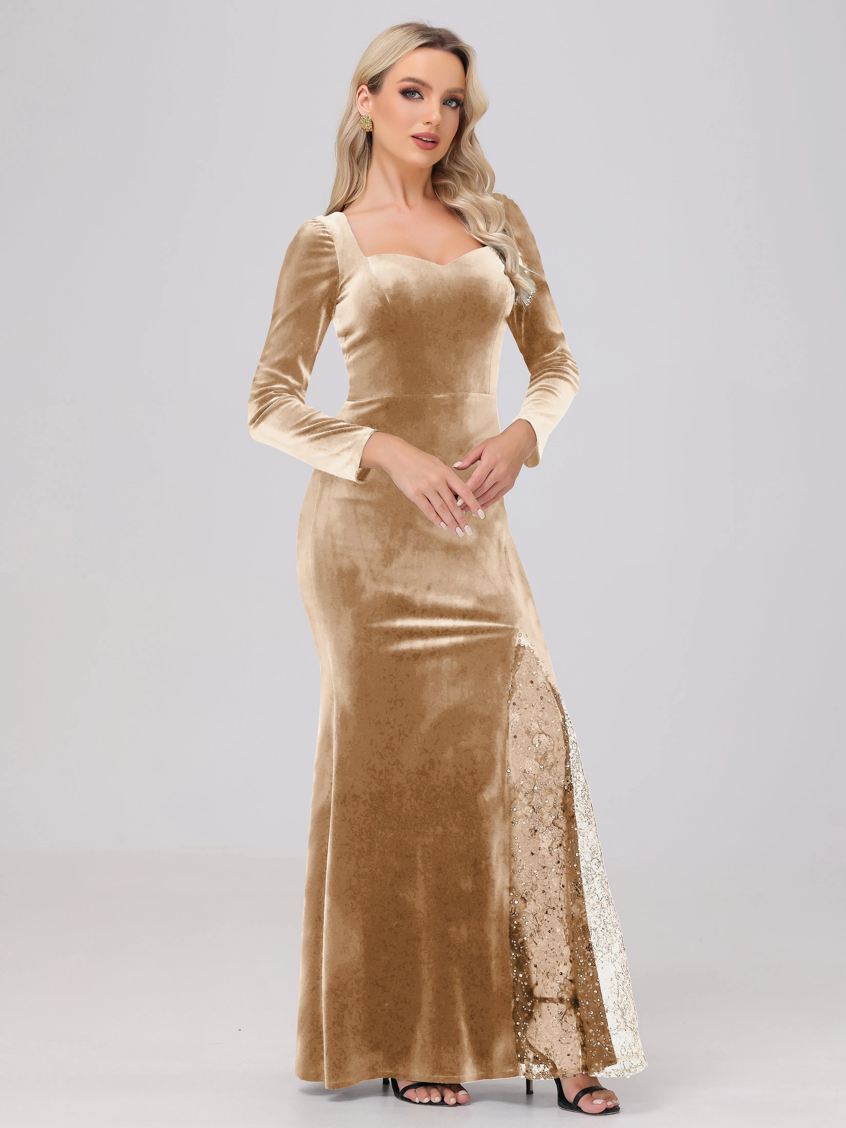 Elegant Sweetheart Long Sleeves Patchwork Sequin Lace Velvet Bridesmaid Dresses