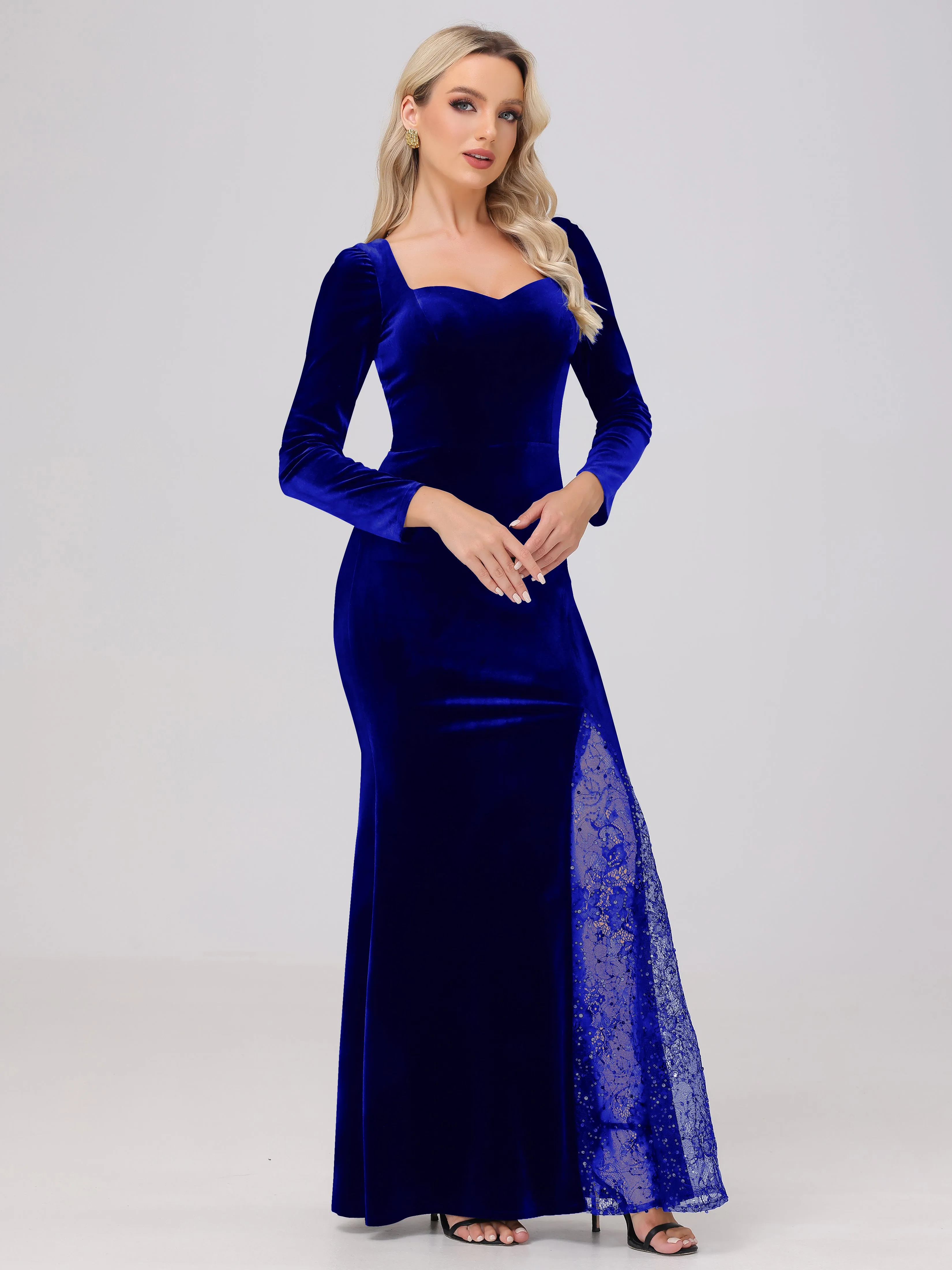 Elegant Sweetheart Long Sleeves Patchwork Sequin Lace Velvet Bridesmaid Dresses