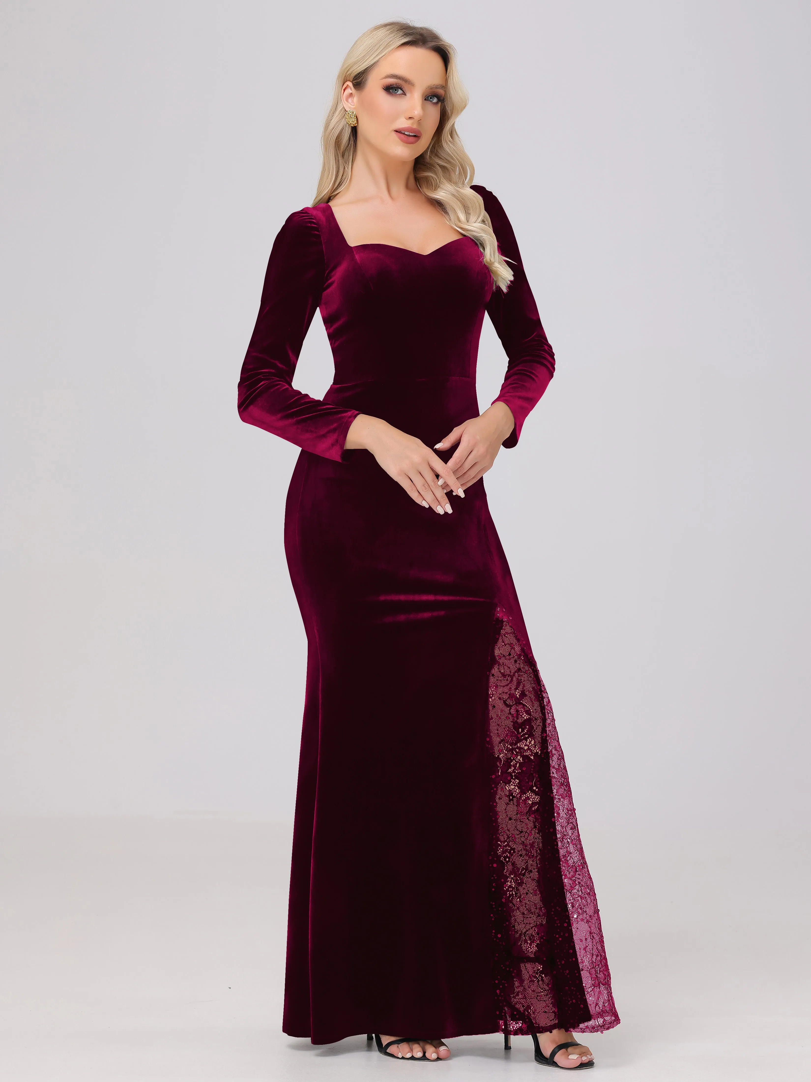 Elegant Sweetheart Long Sleeves Patchwork Sequin Lace Velvet Bridesmaid Dresses
