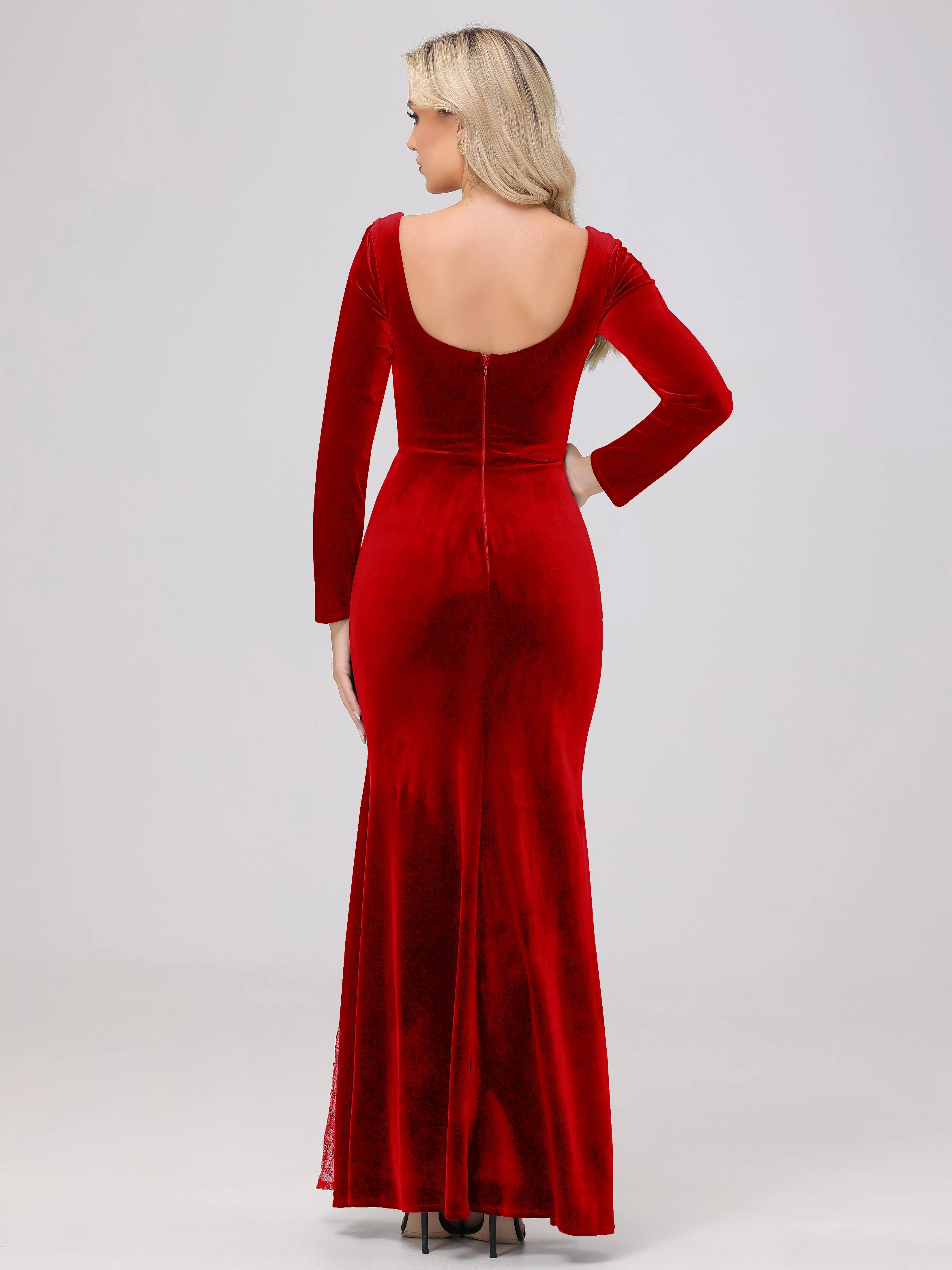 Elegant Sweetheart Long Sleeves Patchwork Sequin Lace Velvet Bridesmaid Dresses