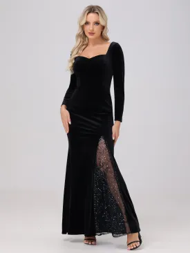 Elegant Sweetheart Long Sleeves Patchwork Sequin Lace Velvet Bridesmaid Dresses