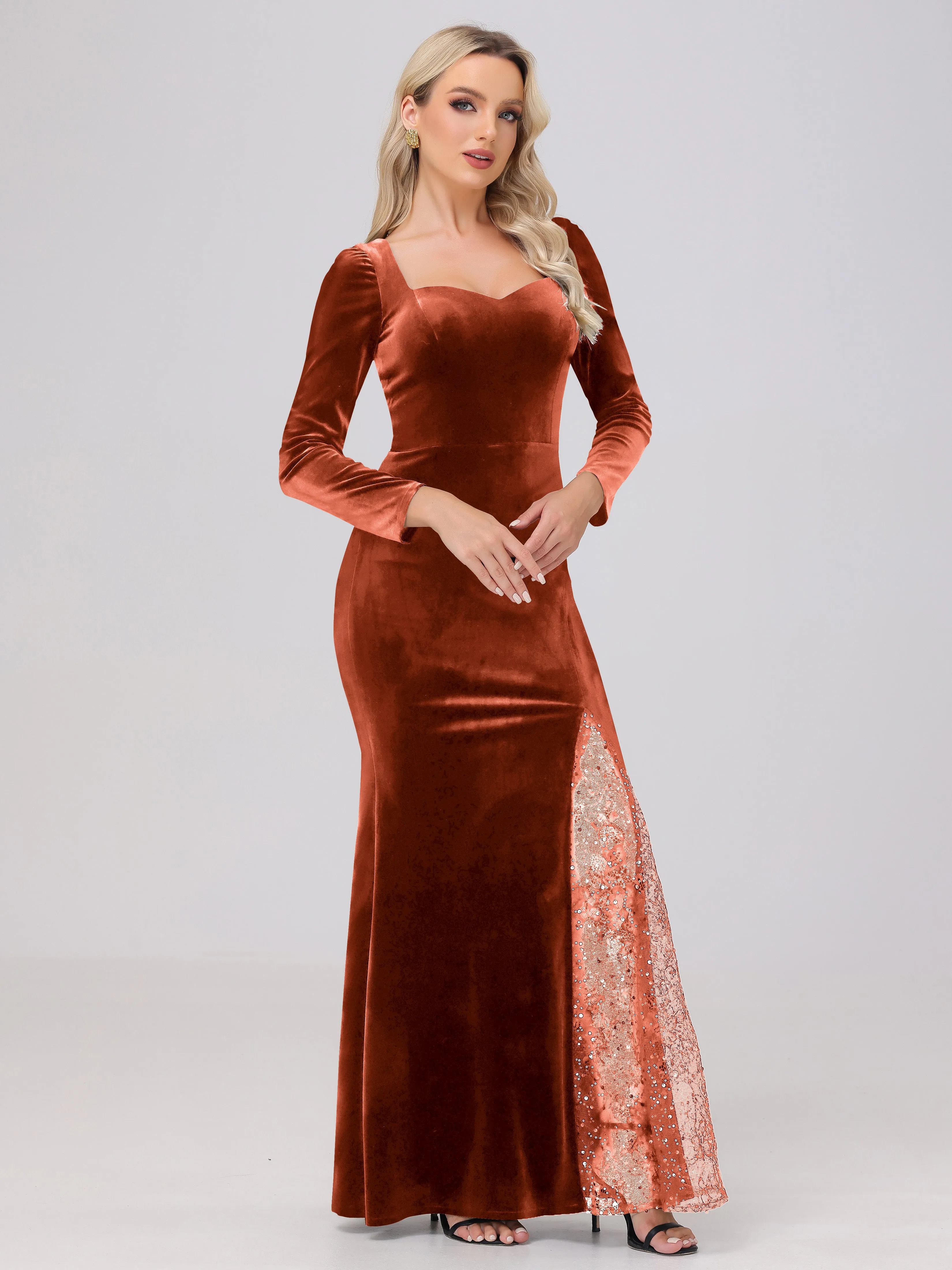 Elegant Sweetheart Long Sleeves Patchwork Sequin Lace Velvet Bridesmaid Dresses