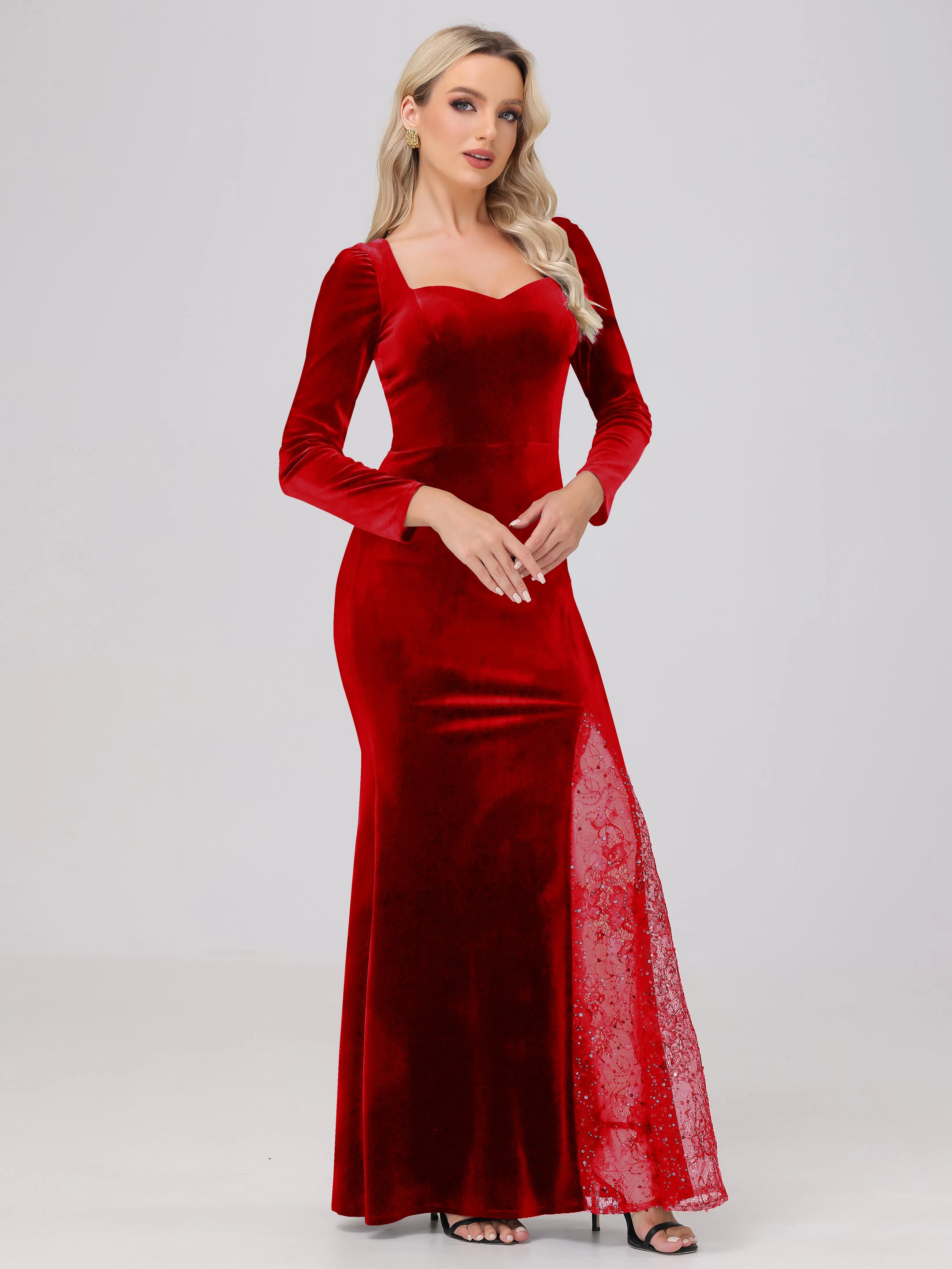 Elegant Sweetheart Long Sleeves Patchwork Sequin Lace Velvet Bridesmaid Dresses