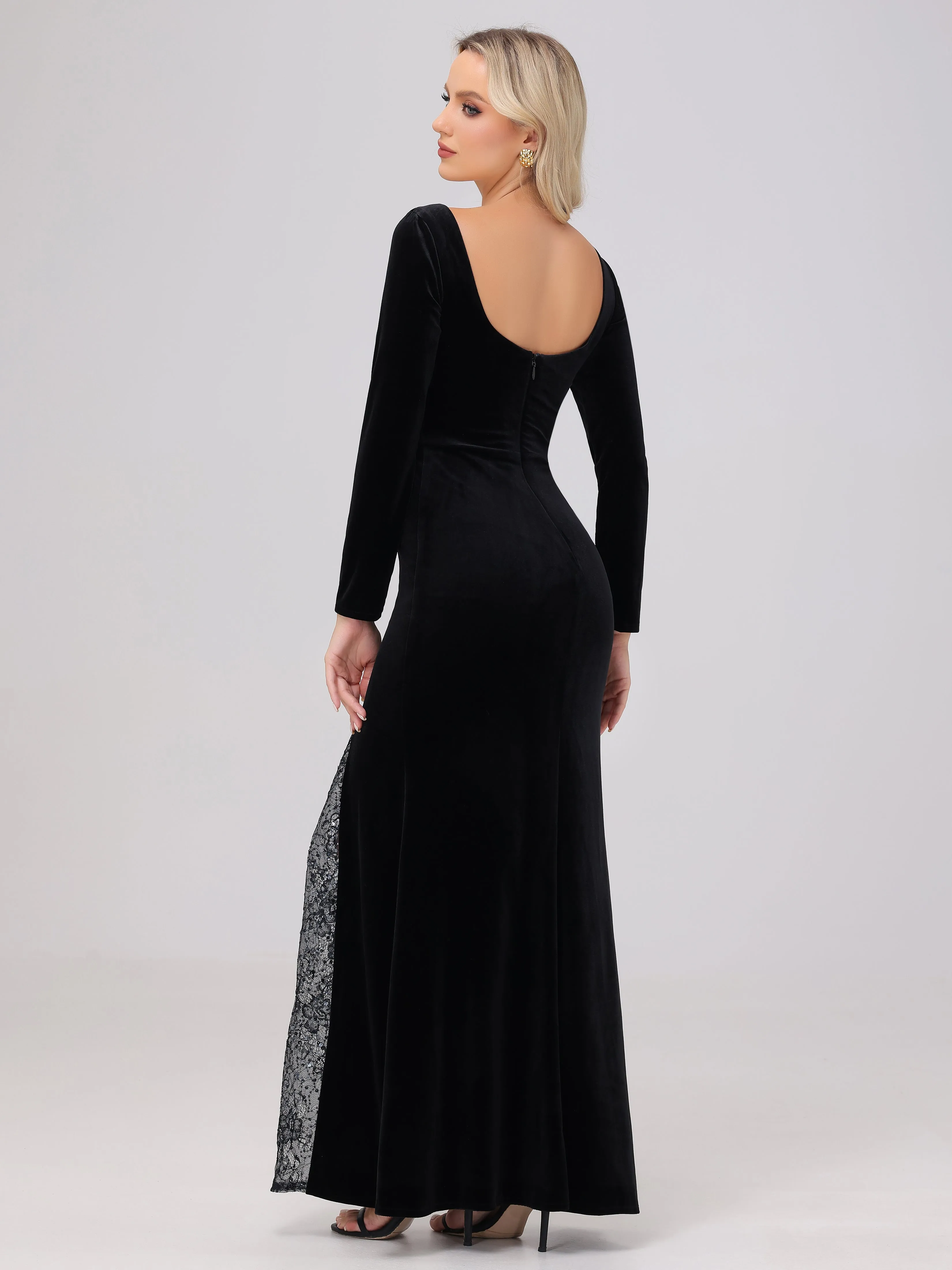 Elegant Sweetheart Long Sleeves Patchwork Sequin Lace Velvet Bridesmaid Dresses