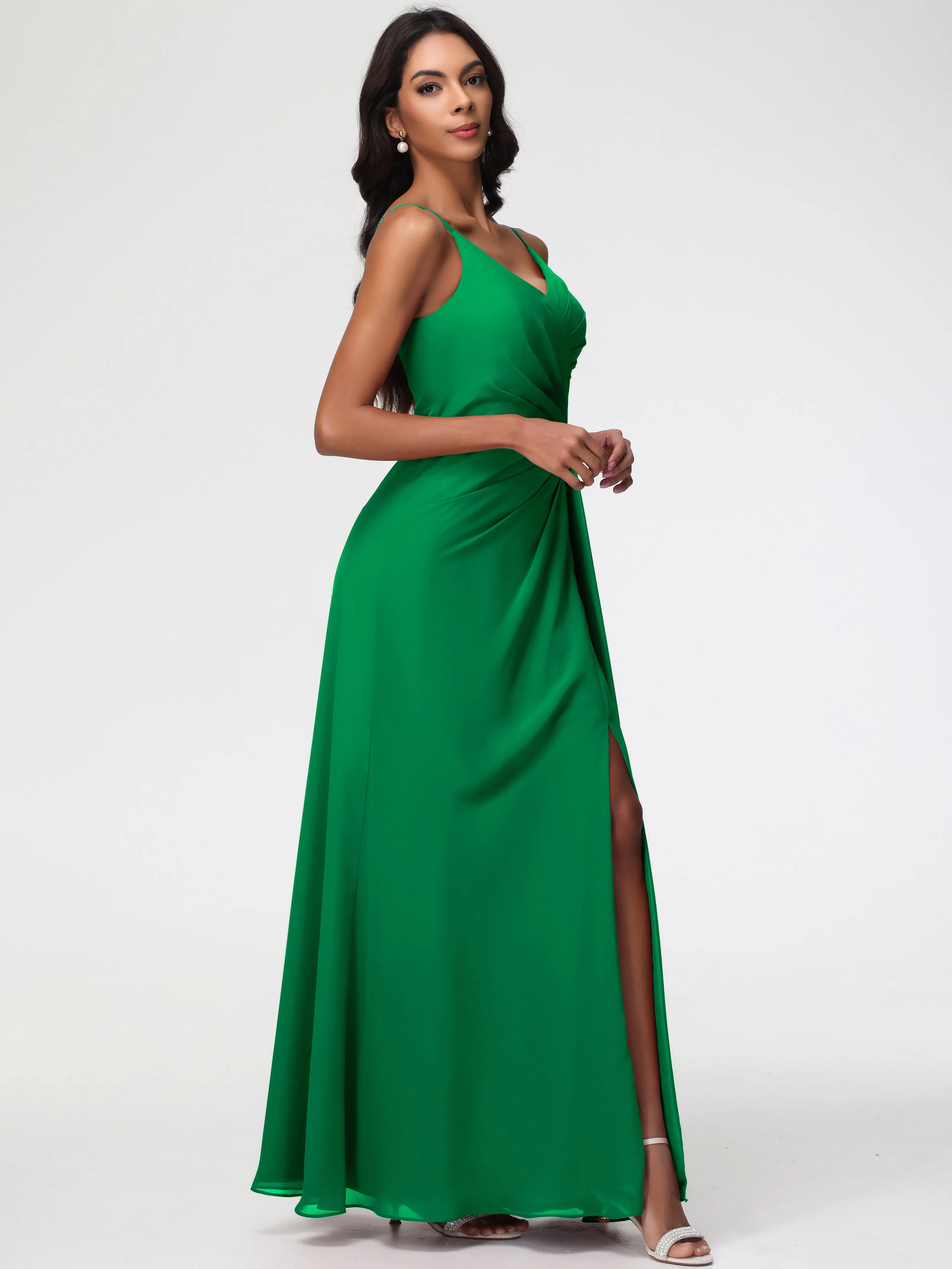 Emerald Green Bridesmaids A-Line V-Neck Spaghetti Straps Ruched Chiffon Bridesmaid Dresses With Slit