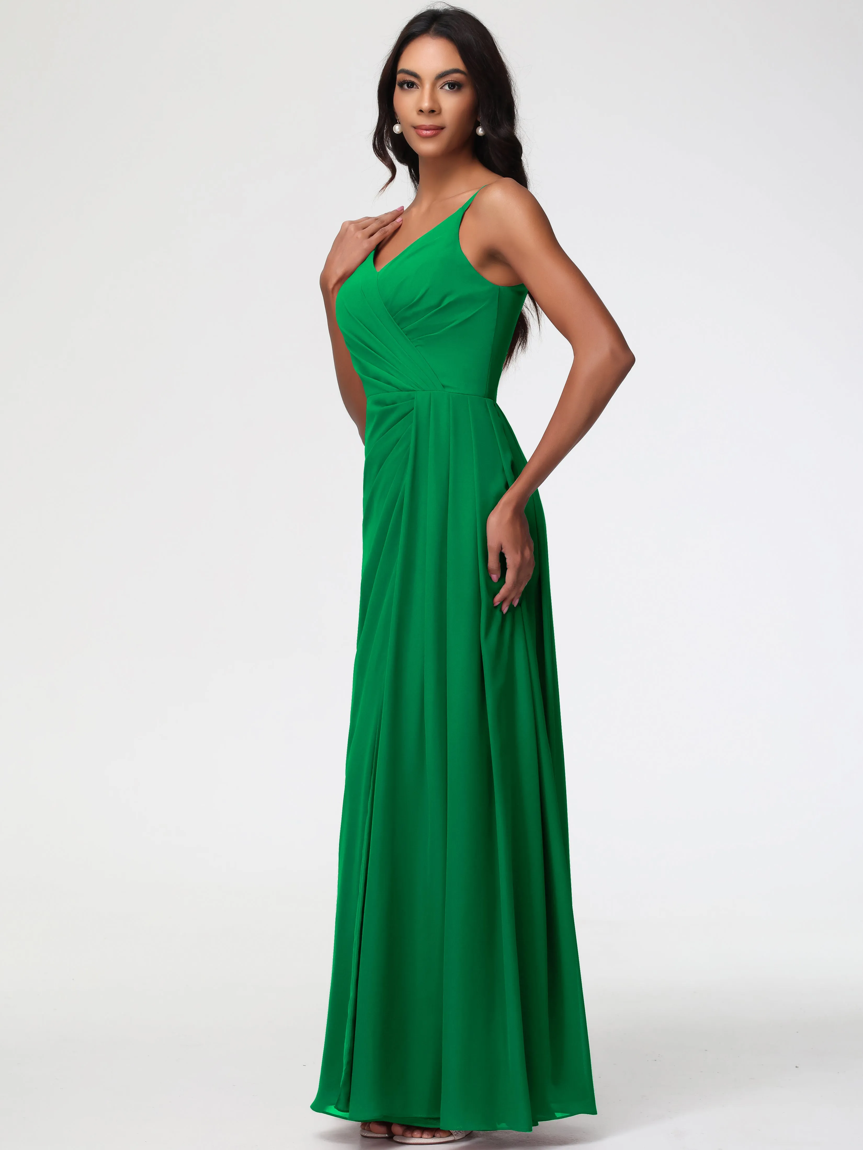 Emerald Green Bridesmaids A-Line V-Neck Spaghetti Straps Ruched Chiffon Bridesmaid Dresses With Slit