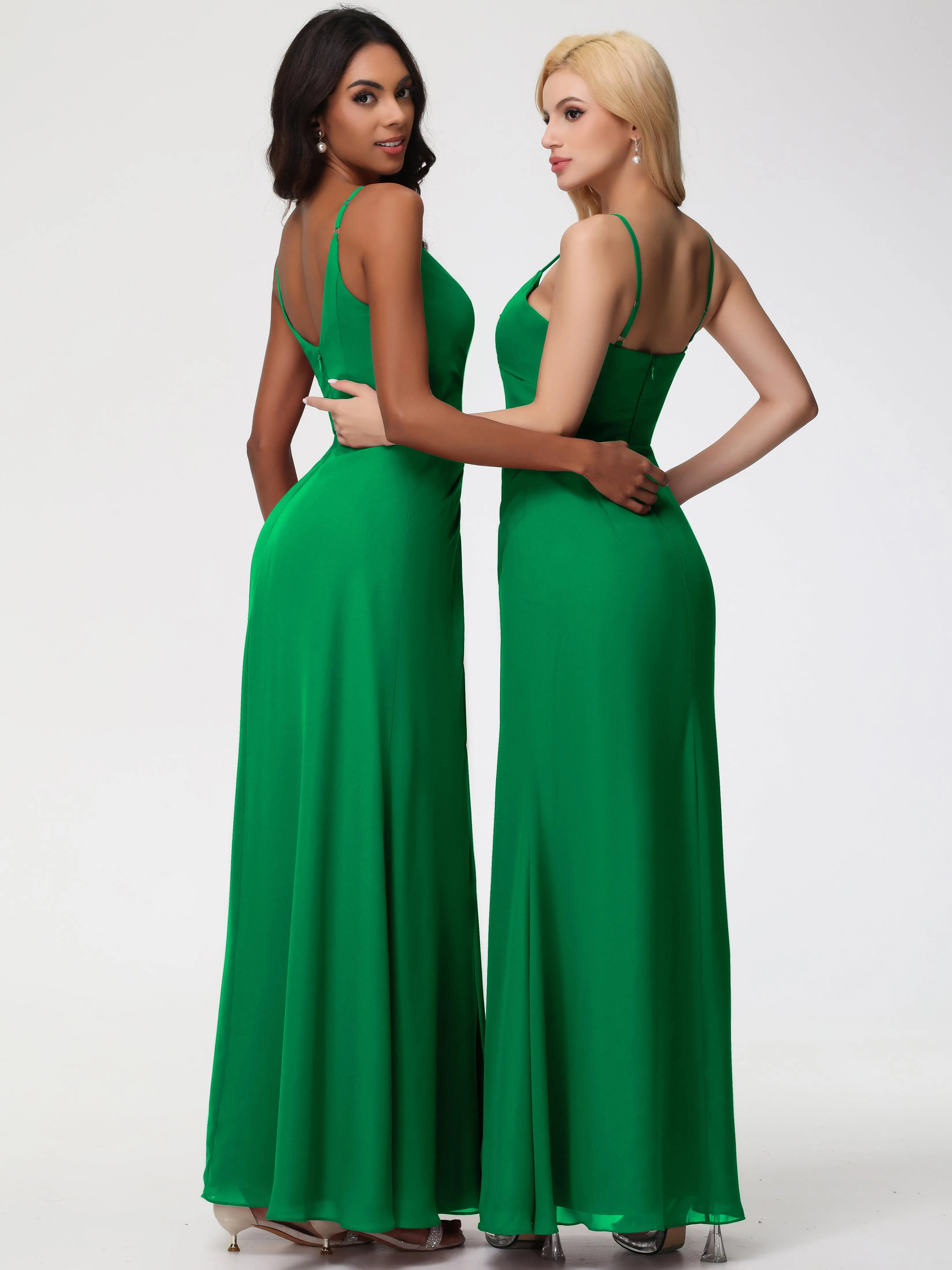 Emerald Green Bridesmaids A-Line V-Neck Spaghetti Straps Ruched Chiffon Bridesmaid Dresses With Slit