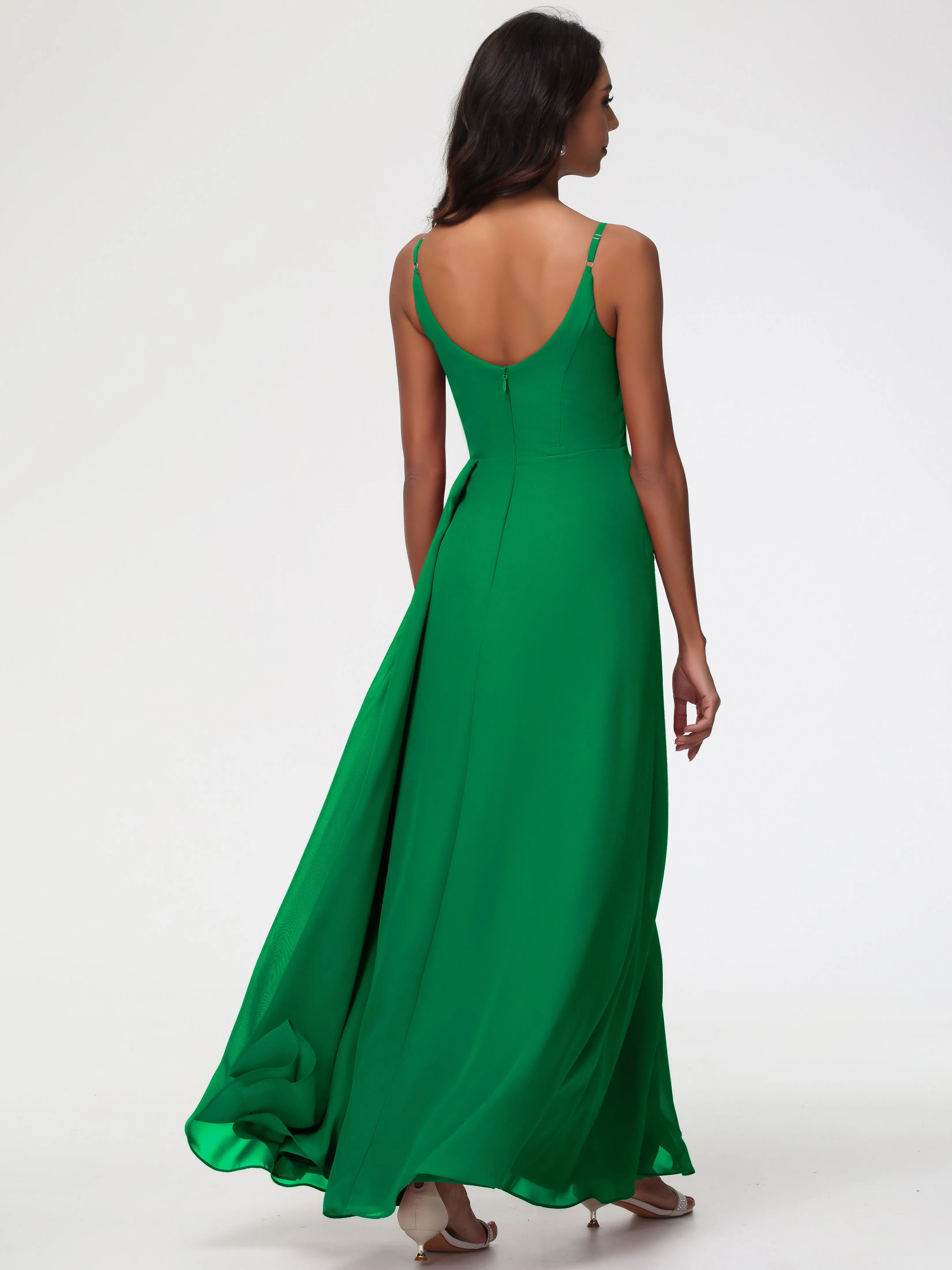 Emerald Green Bridesmaids A-Line V-Neck Spaghetti Straps Ruched Chiffon Bridesmaid Dresses With Slit