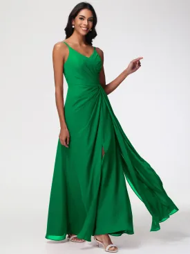 Emerald Green Bridesmaids A-Line V-Neck Spaghetti Straps Ruched Chiffon Bridesmaid Dresses With Slit