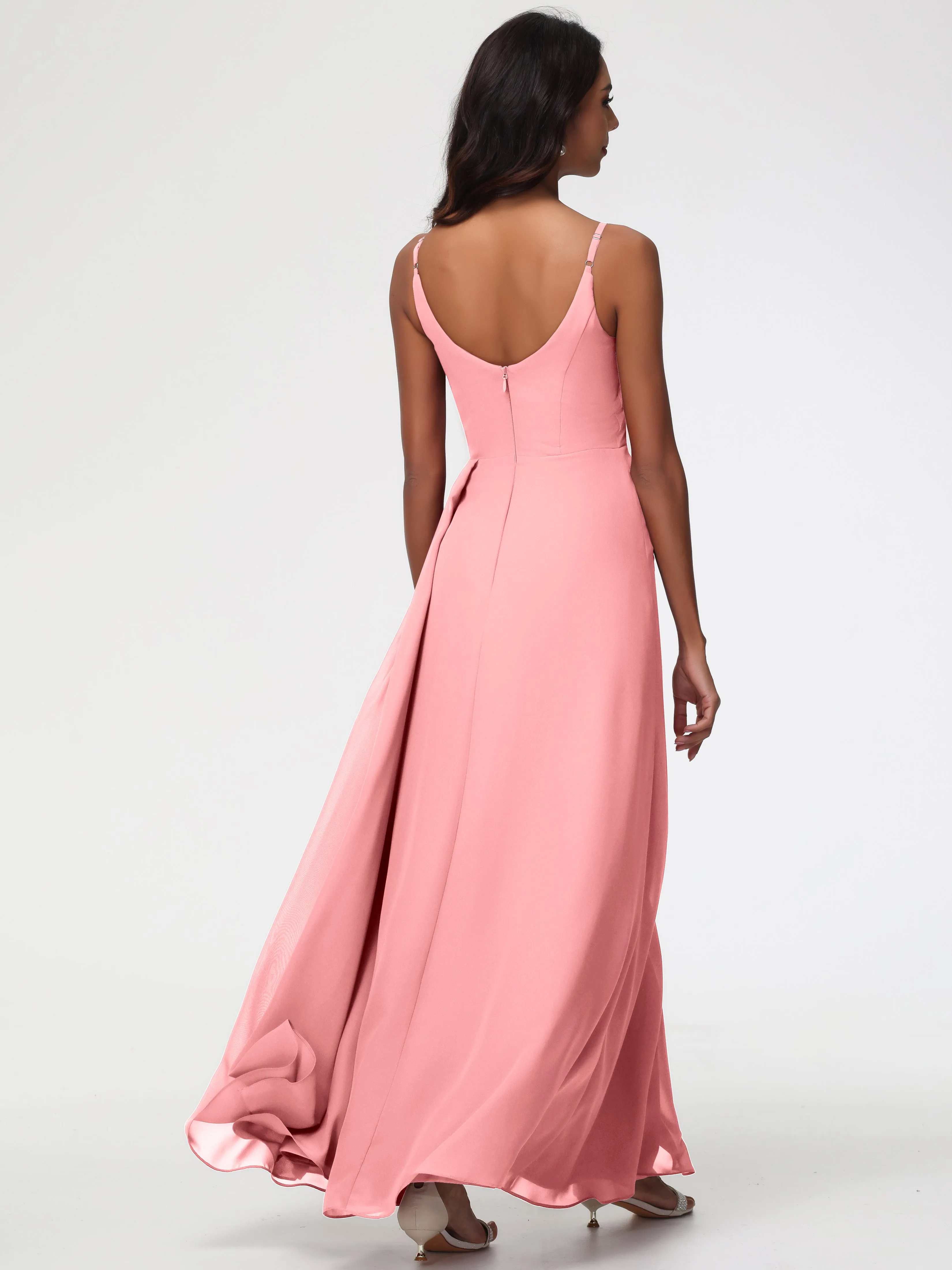 Flamingo Pink Bridesmaid Dress A-Line V-Neck Spaghetti Straps Ruched Chiffon Bridesmaid Dresses With Slit