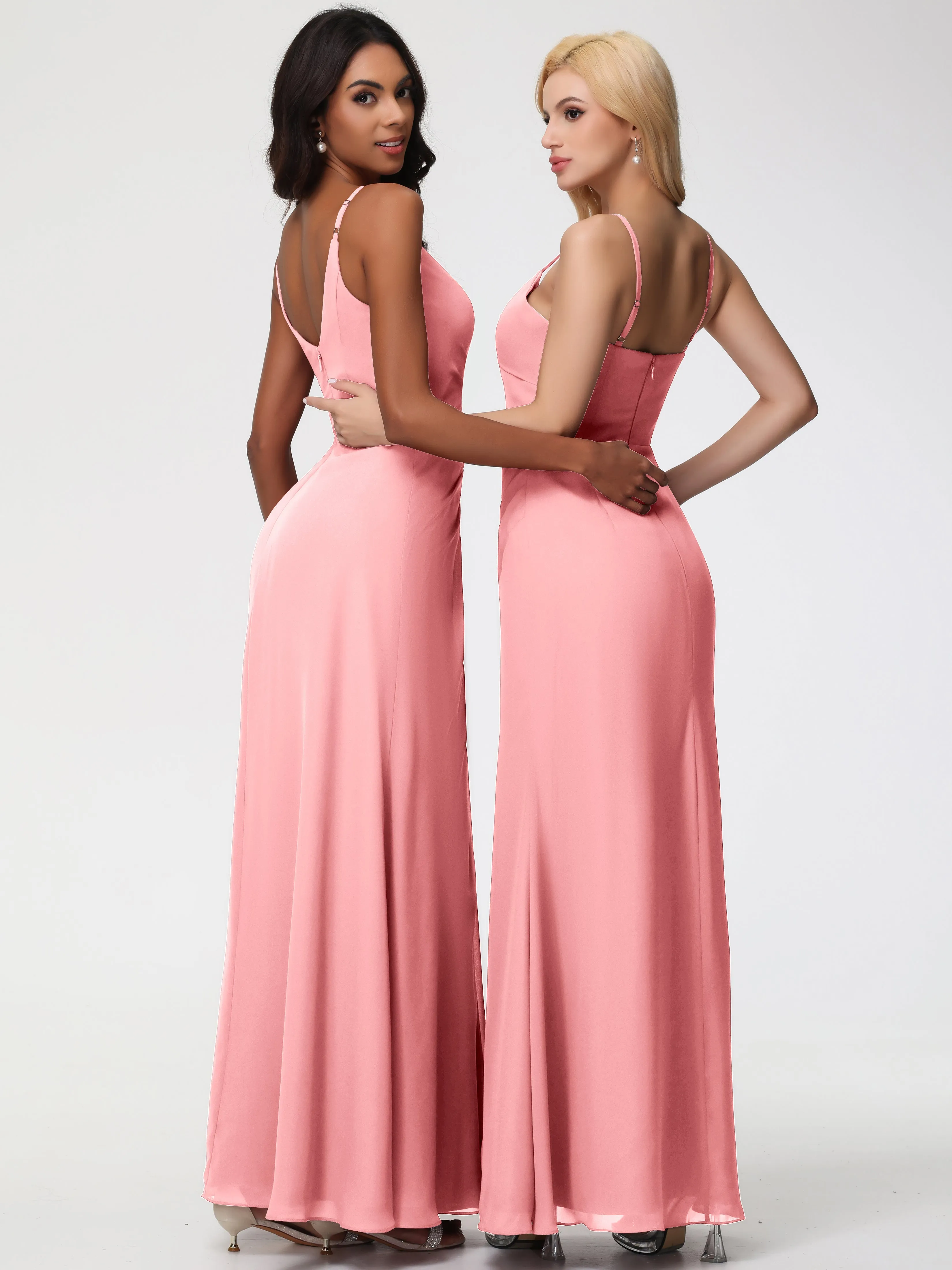 Flamingo Pink Bridesmaid Dress A-Line V-Neck Spaghetti Straps Ruched Chiffon Bridesmaid Dresses With Slit