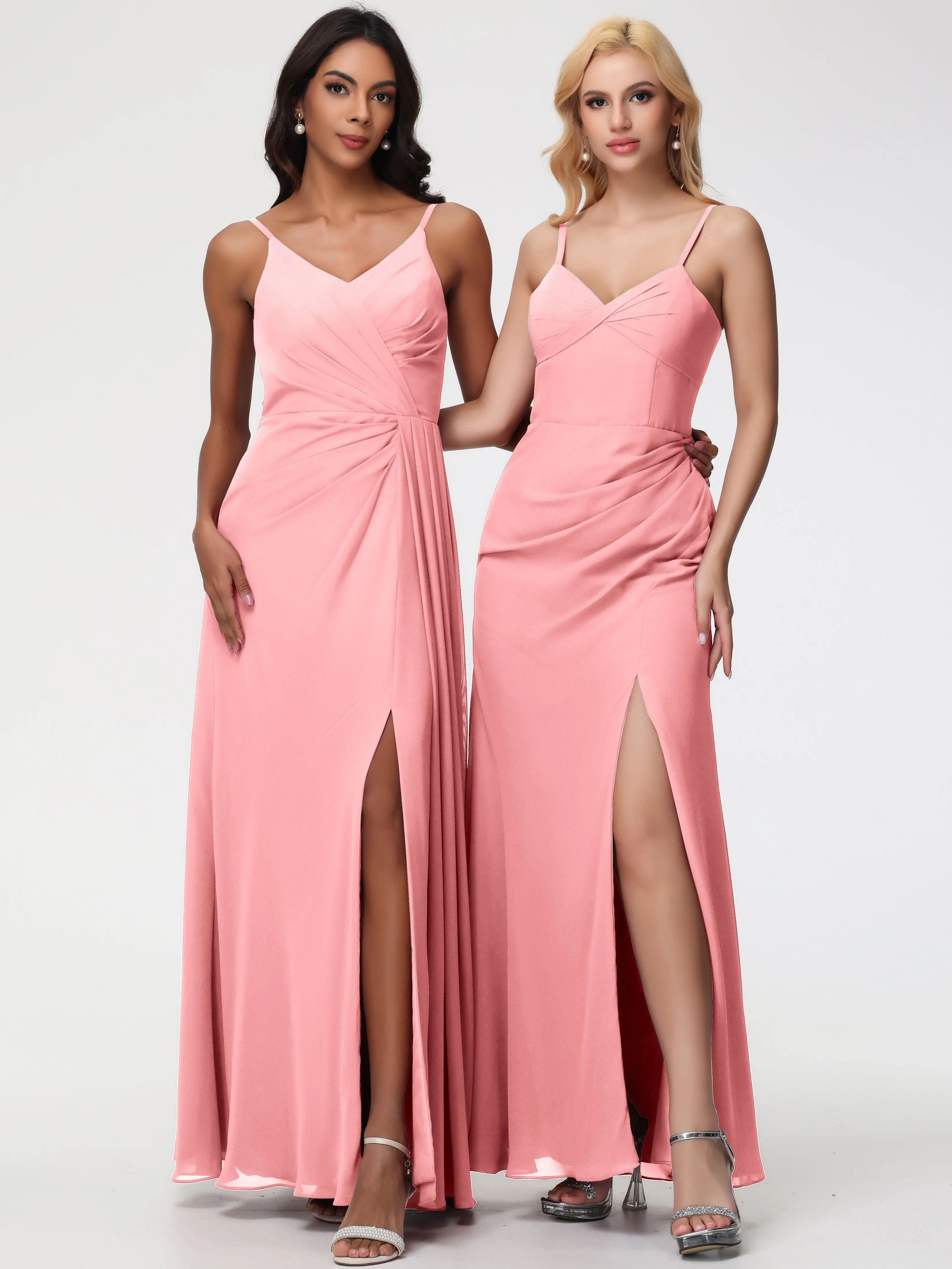 Flamingo Pink Bridesmaid Dress A-Line V-Neck Spaghetti Straps Ruched Chiffon Bridesmaid Dresses With Slit