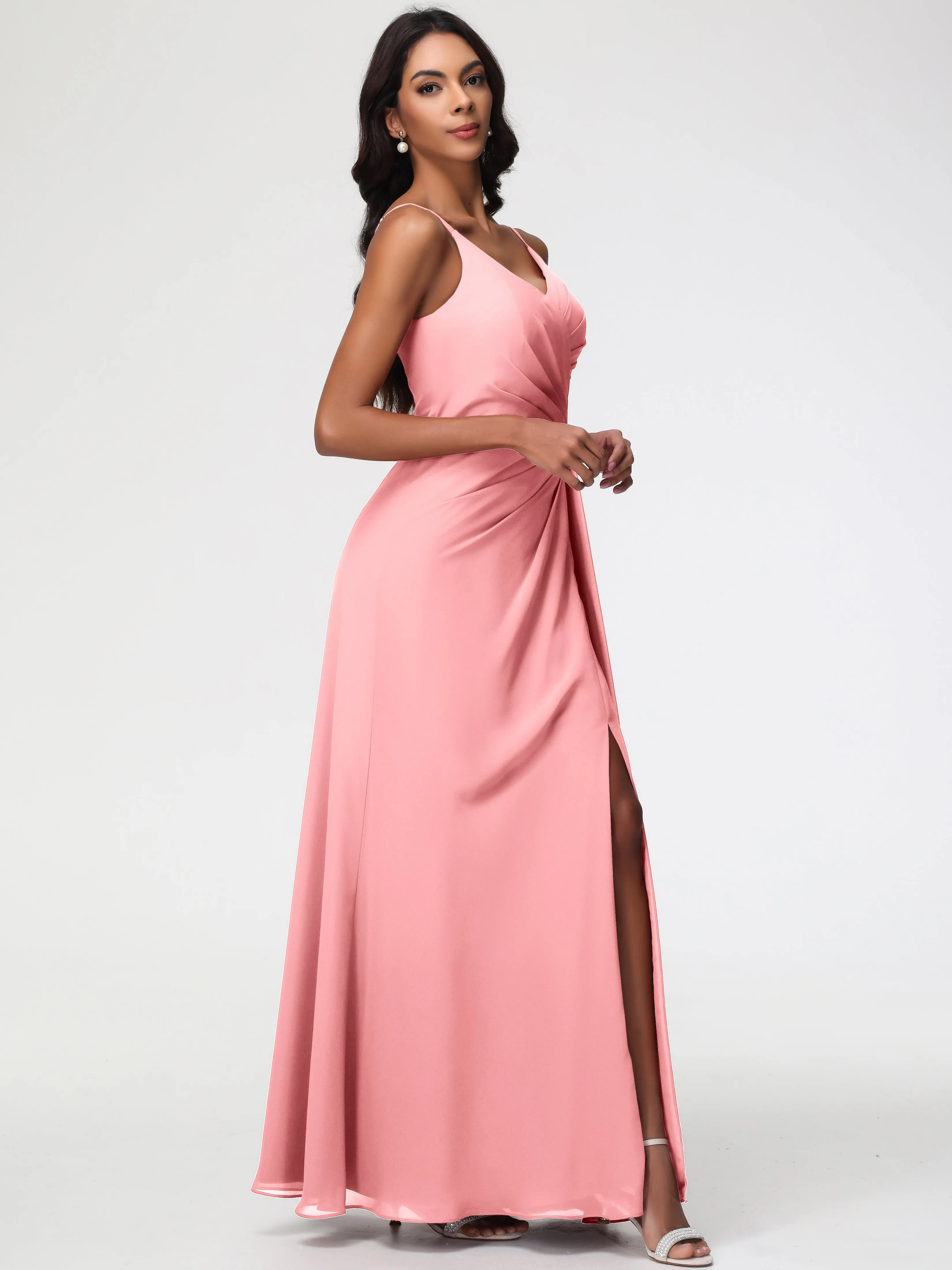 Flamingo Pink Bridesmaid Dress A-Line V-Neck Spaghetti Straps Ruched Chiffon Bridesmaid Dresses With Slit