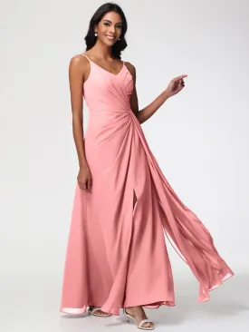 Flamingo Pink Bridesmaid Dress A-Line V-Neck Spaghetti Straps Ruched Chiffon Bridesmaid Dresses With Slit