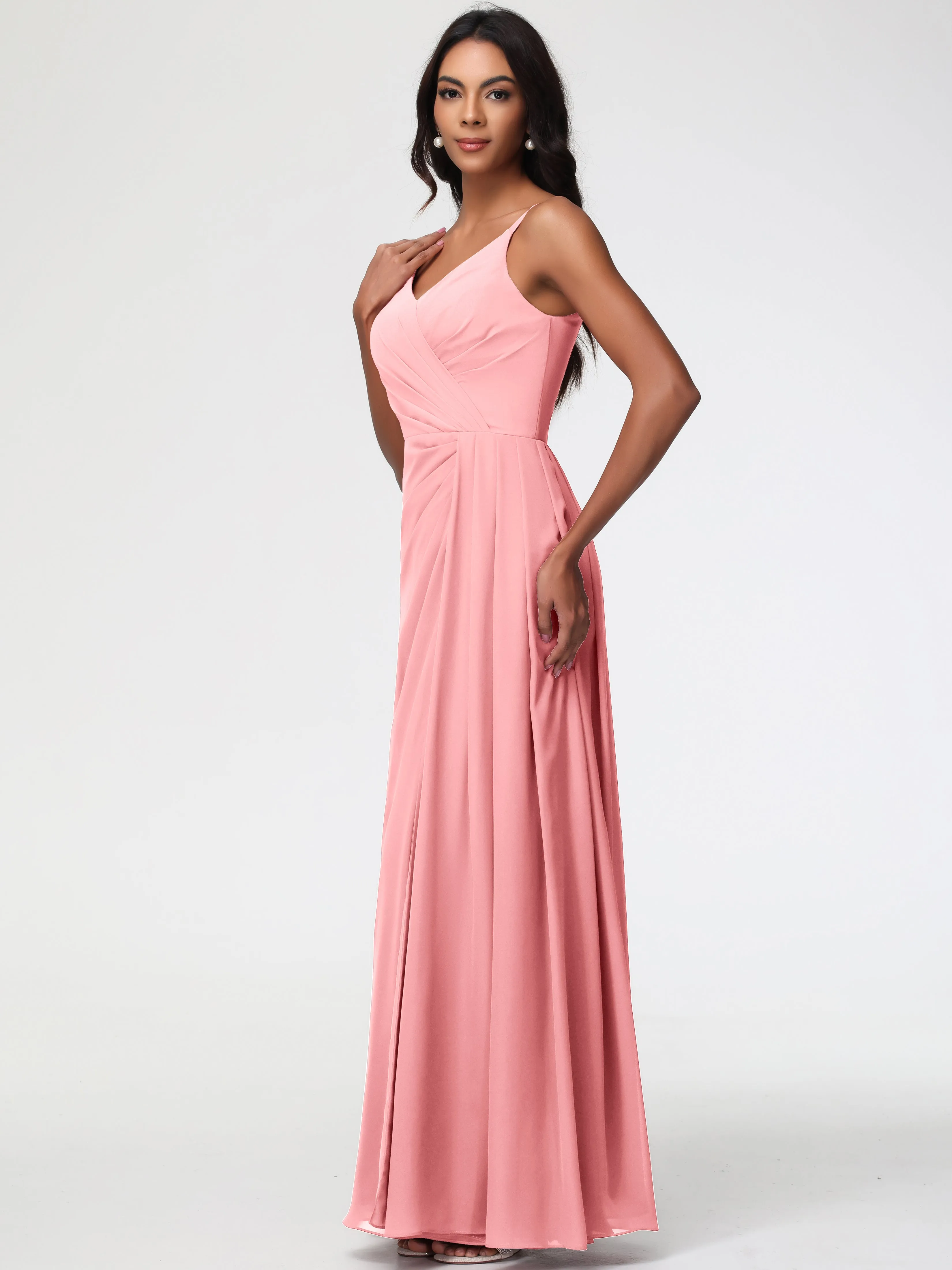 Flamingo Pink Bridesmaid Dress A-Line V-Neck Spaghetti Straps Ruched Chiffon Bridesmaid Dresses With Slit