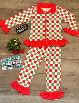 Girls Checkered Christmas Pajama Set