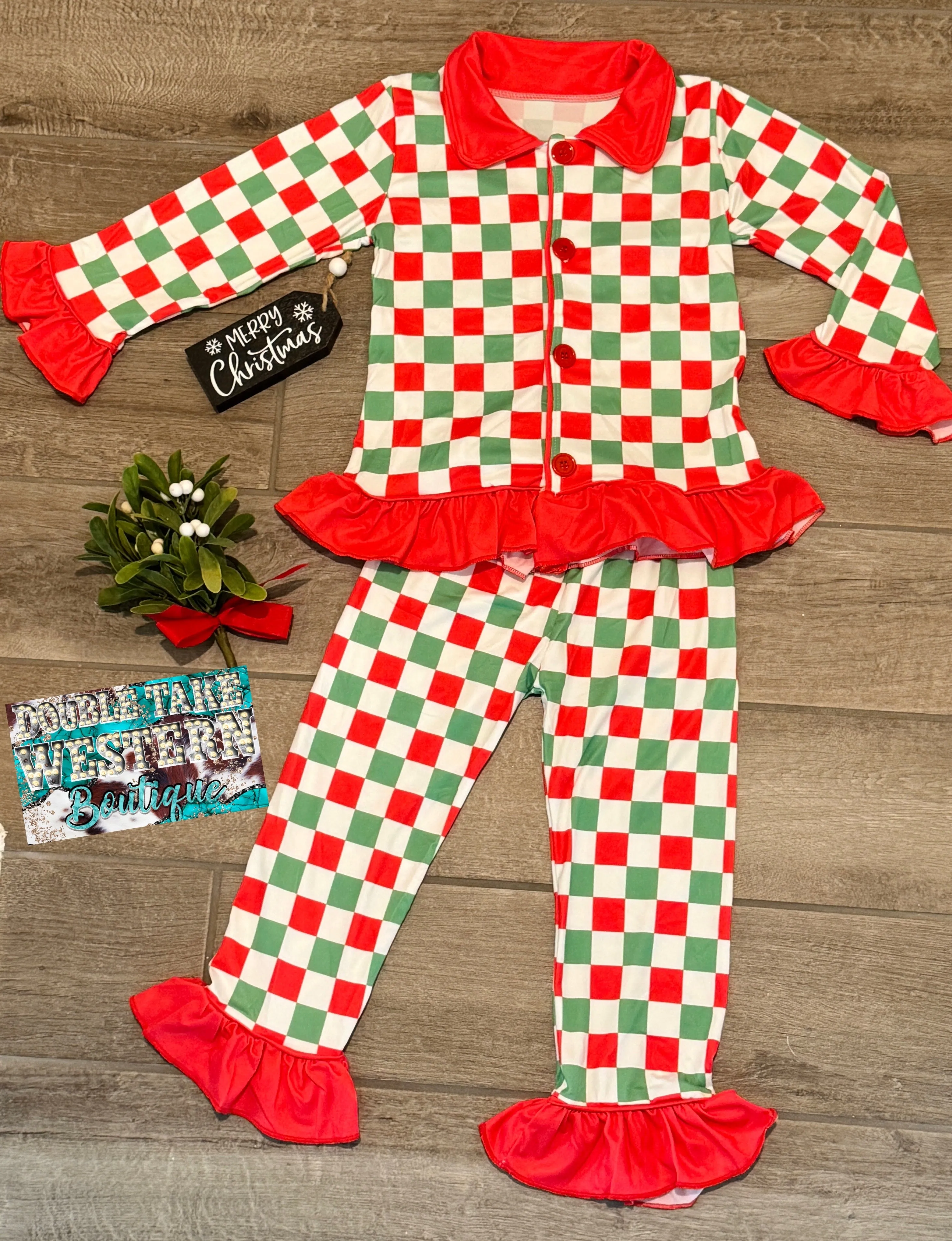 Girls Checkered Christmas Pajama Set