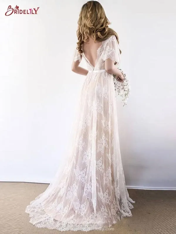 Gorgeous V-Neck Cap Sleeves Lace Wedding Dresses