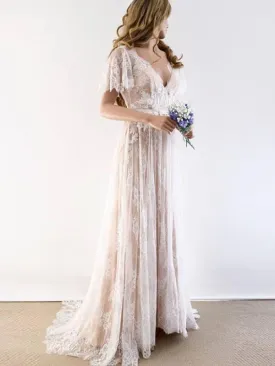 Gorgeous V-Neck Cap Sleeves Lace Wedding Dresses
